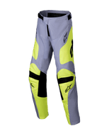 Alpinestars 2025 Youth Racer Veil crossbroek, motorcrossbroek, grijs en neon geel, zwarte accenten op de knieën en taille, sportief design met voorgevormde pijpen en logo's, duurzame off-road race-uitrusting