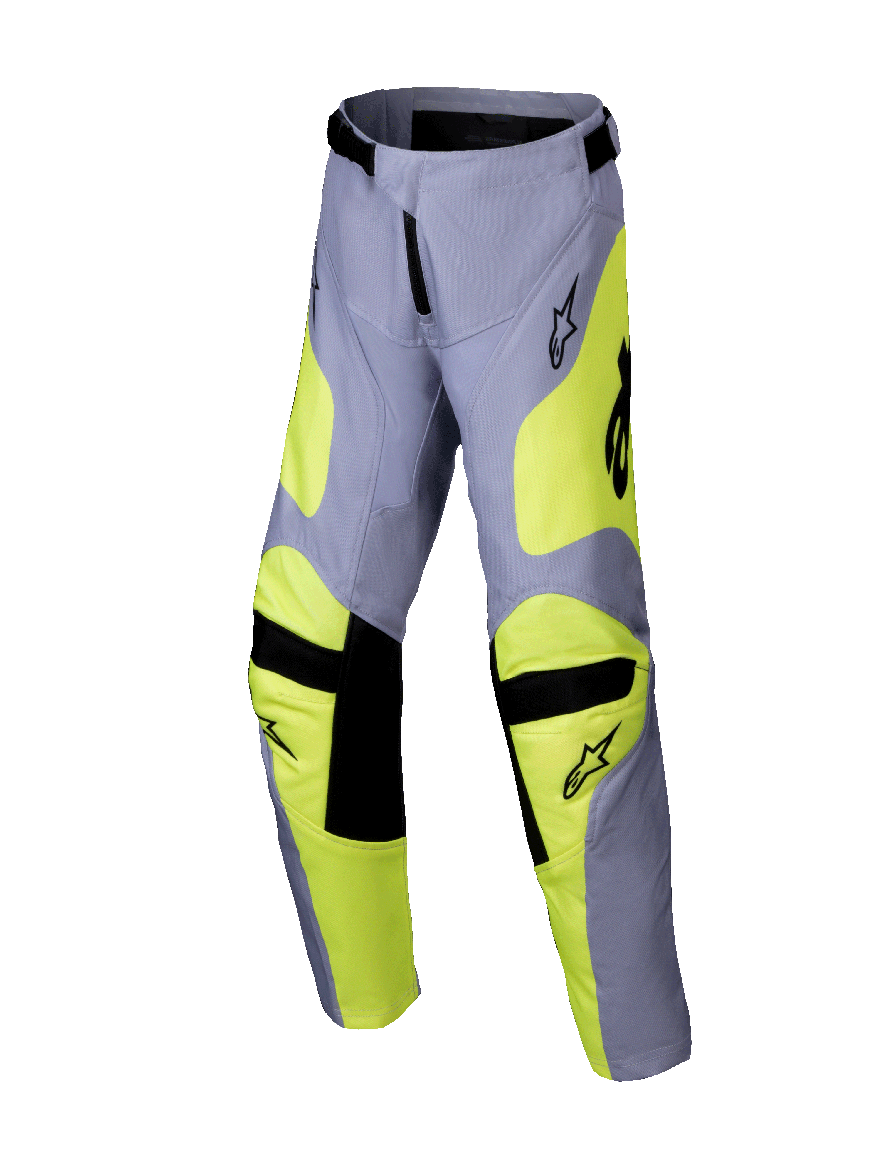 Alpinestars 2025 Youth Racer Veil crossbroek, motorcrossbroek, grijs en neon geel, zwarte accenten op de knieën en taille, sportief design met voorgevormde pijpen en logo's, duurzame off-road race-uitrusting