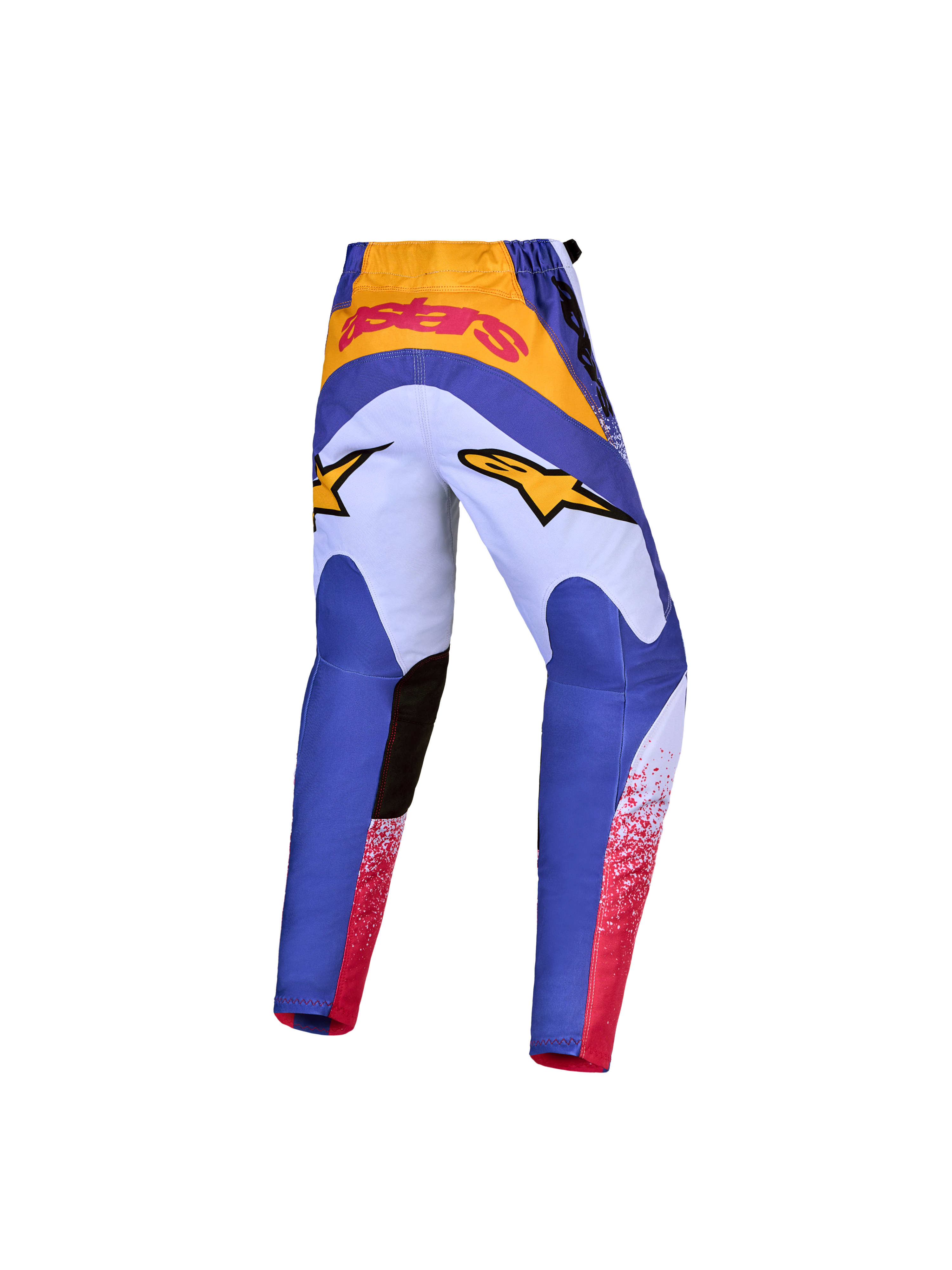 Alpinestars Jeugd Fluid Drag broek 2027, blauwe en gouden motocrossbroek met voorgevormde ergonomische pasvorm voor jonge rijders.