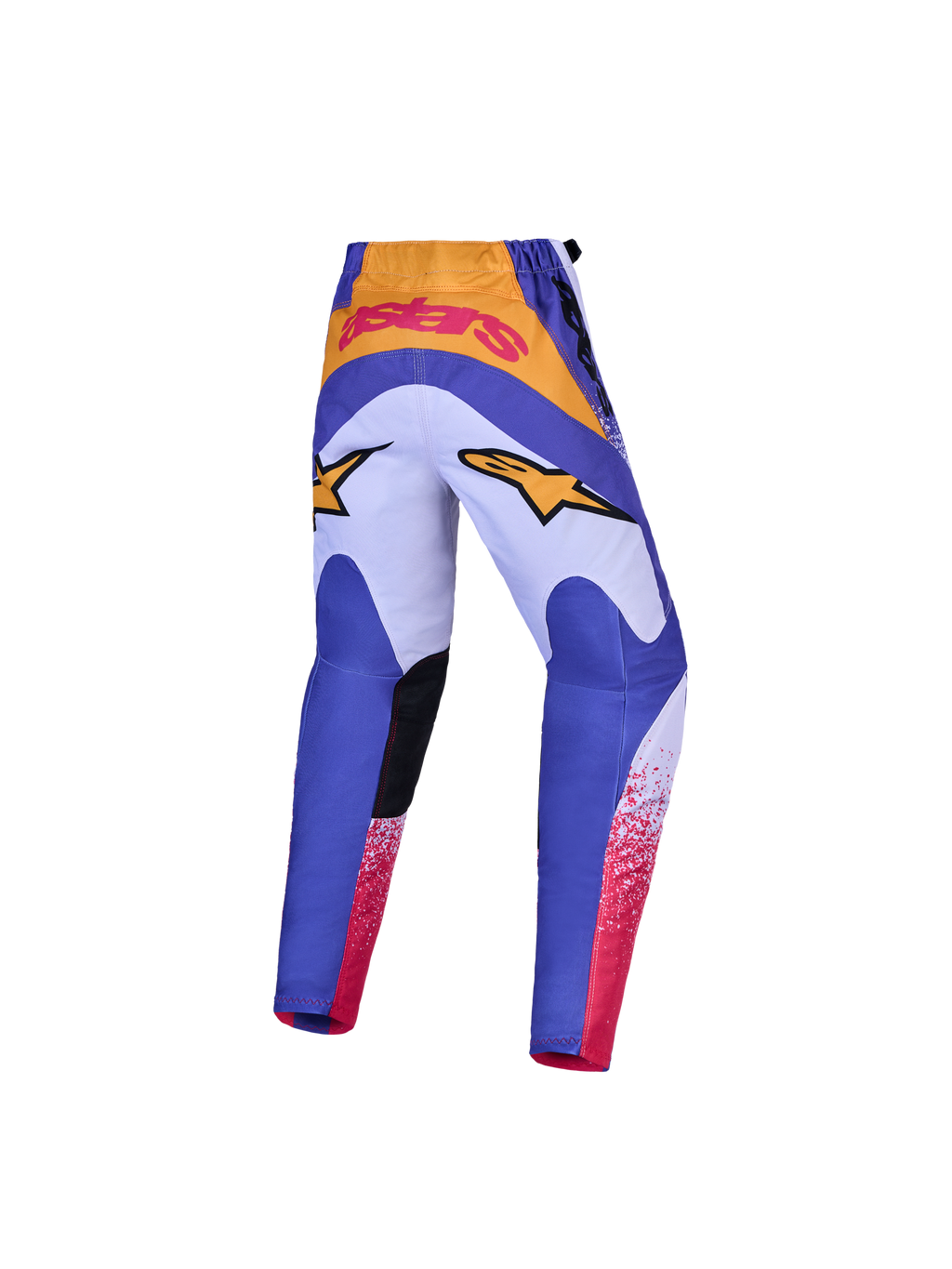 Alpinestars jeugd Fluid Drag broek, blauwe en paarse motocrossbroek met gouden accenten en versterkt zitvlak.