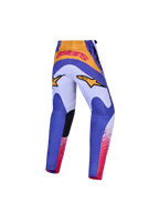 Alpinestars jeugd Fluid Drag broek, blauwe en paarse motocrossbroek met gouden accenten en versterkt zitvlak.