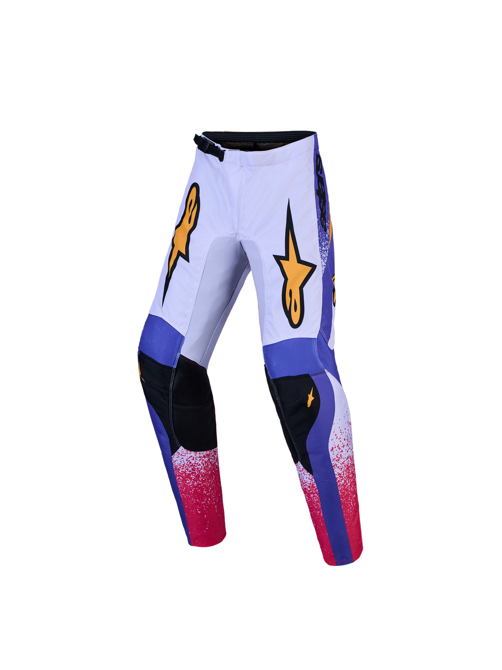 Alpinestars Jeugd Fluid Drag Broek, motocrossbroek in lilac en blauw met rode accenten, duurzame 600D polystof, ergonomische pasvorm voor off-road.
