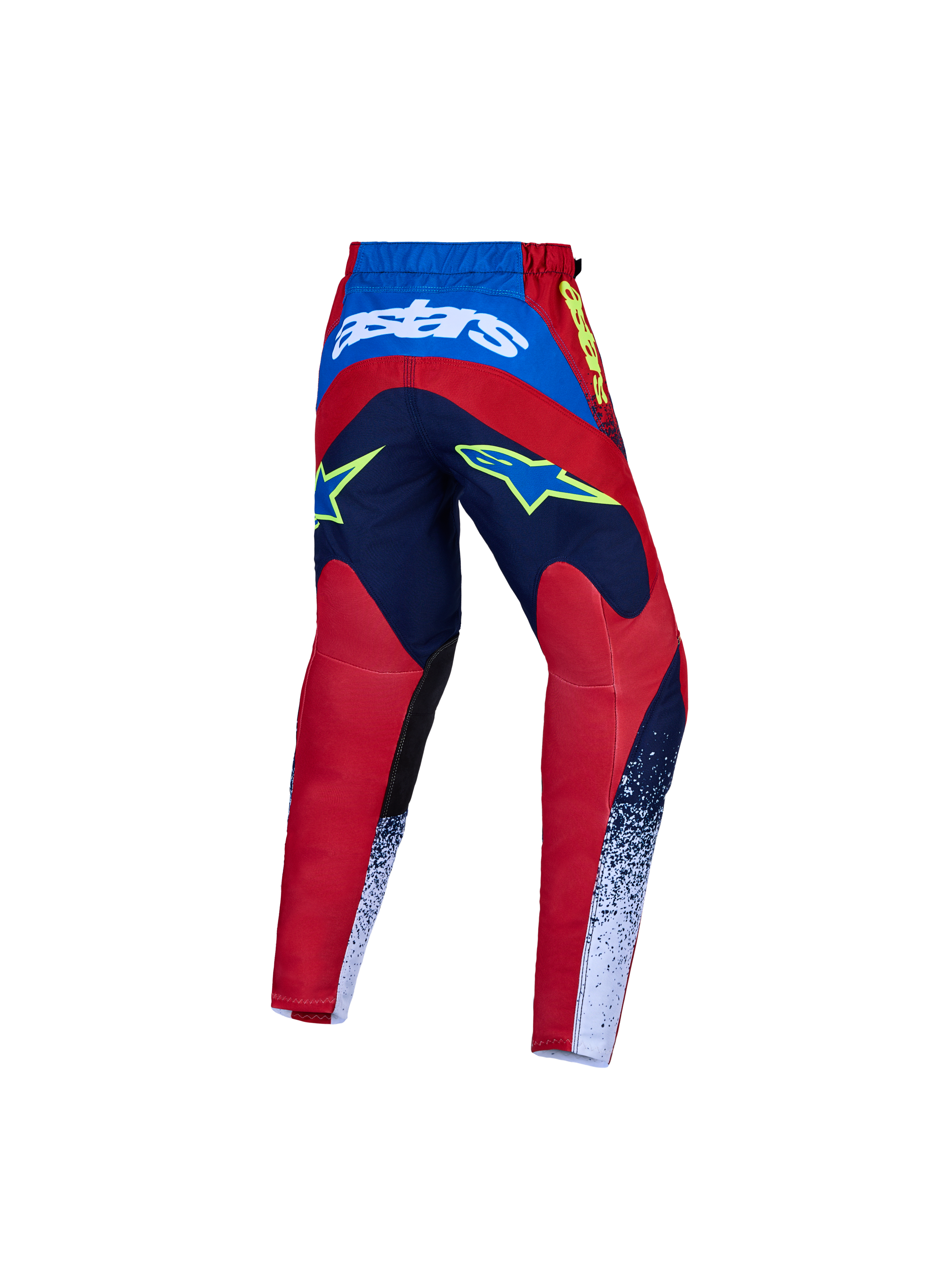 Alpinestars Jeugd Fluid Drag broek, motocrossbroek voor kinderen, blauw en rood, versterkte textielconstructie.