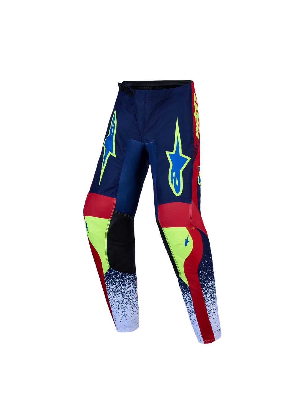 Alpinestars Jeugd Fluid Drag broek, motorcrossbroek, navy blauw en rood, duurzaam textiel met een voorgevormd ontwerp.