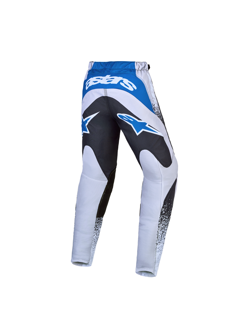 Alpinestars Jeugd Fluid Drag broek, grijze en blauwe motocrossbroek met zwart versterkt zitvlak en Astars-logo's.