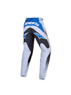 Alpinestars Jeugd Fluid Drag broek, grijze en blauwe motocrossbroek met zwart versterkt zitvlak en Astars-logo's.