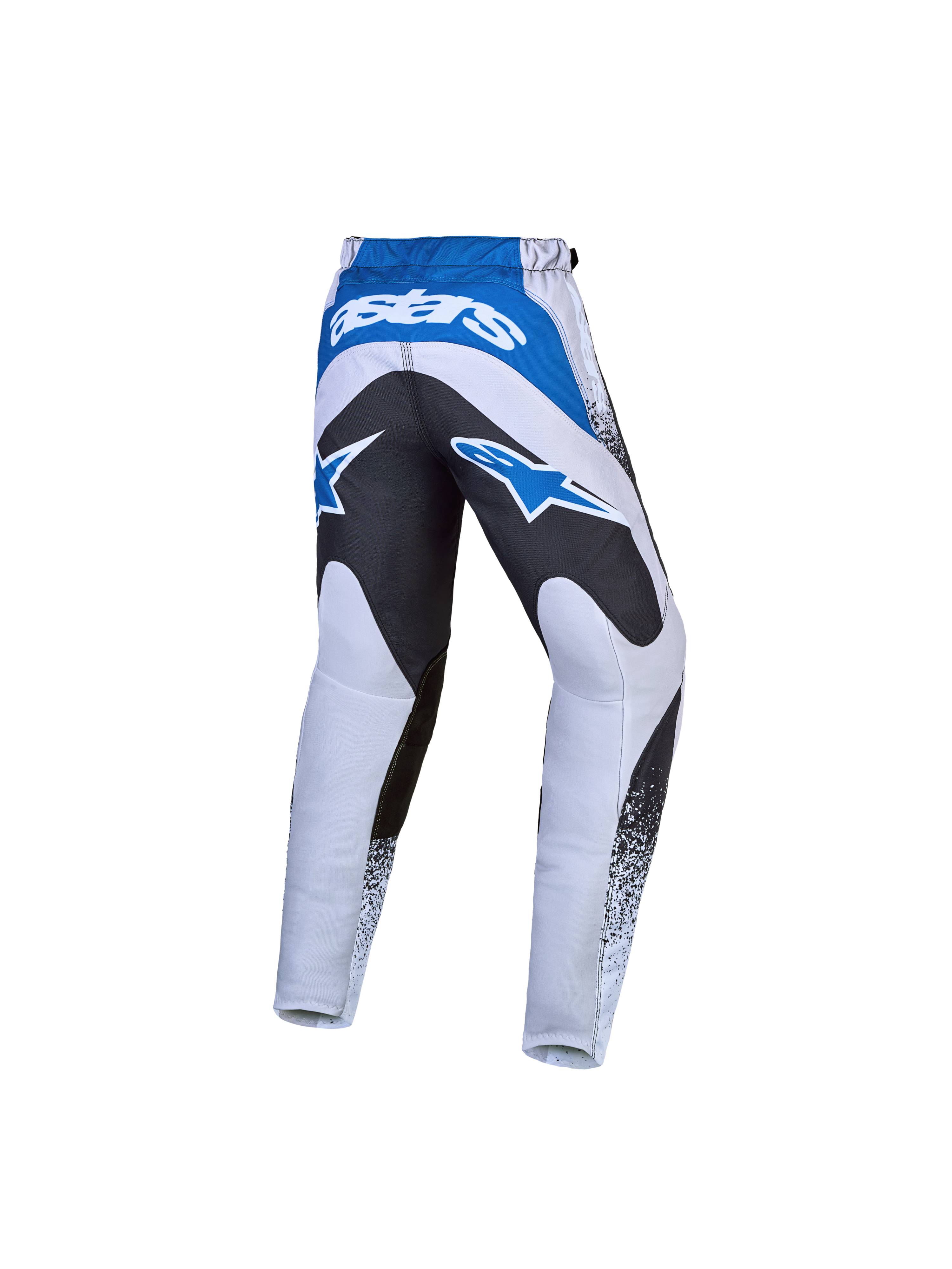 Alpinestars Jeugd Fluid Drag broek, grijze en blauwe motocrossbroek met zwart versterkt zitvlak en Astars-logo's.