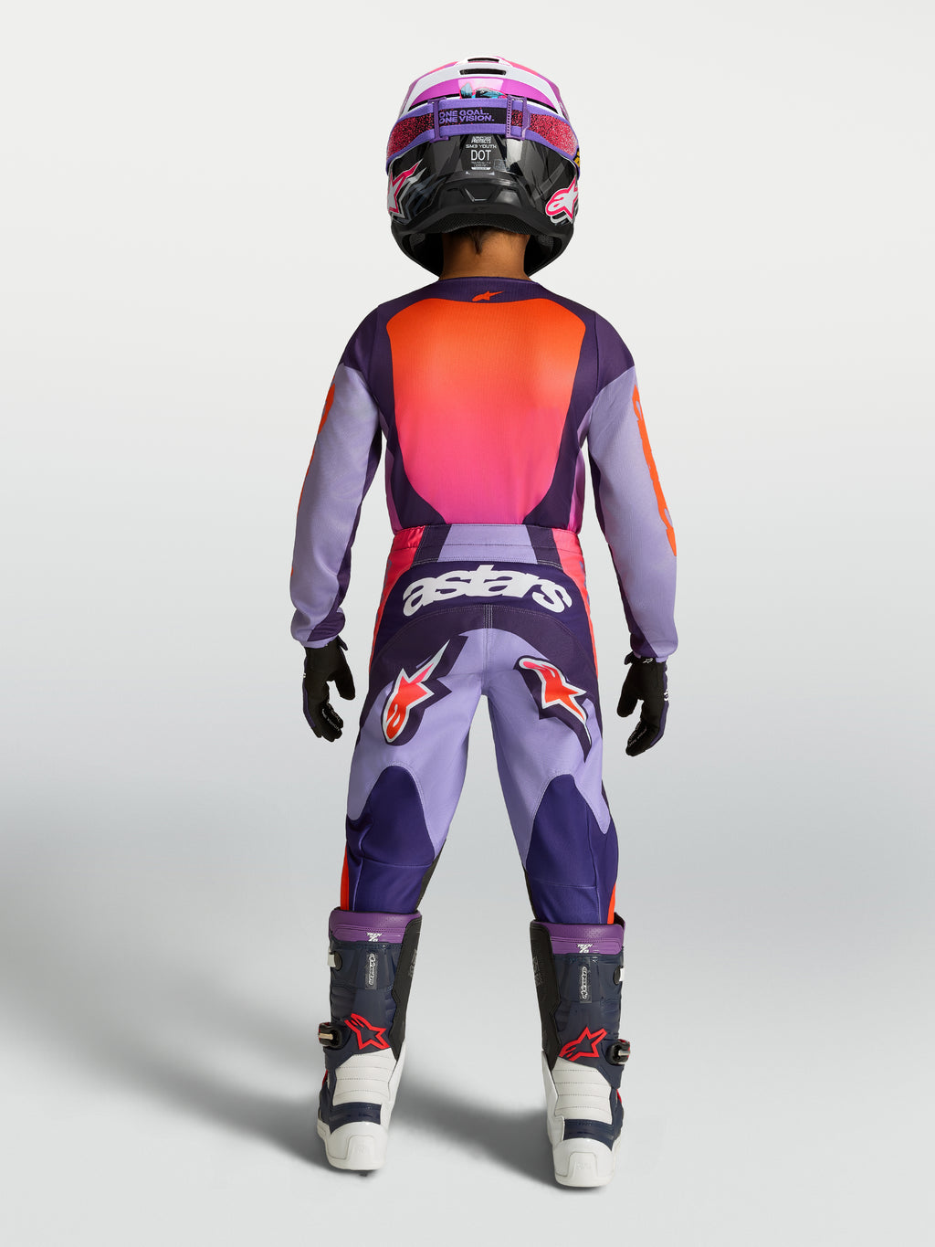 Alpinestars jeugd Fluid Hunt broek, paars en roze motocrossbroek, duurzame textielconstructie, achteraanzicht.