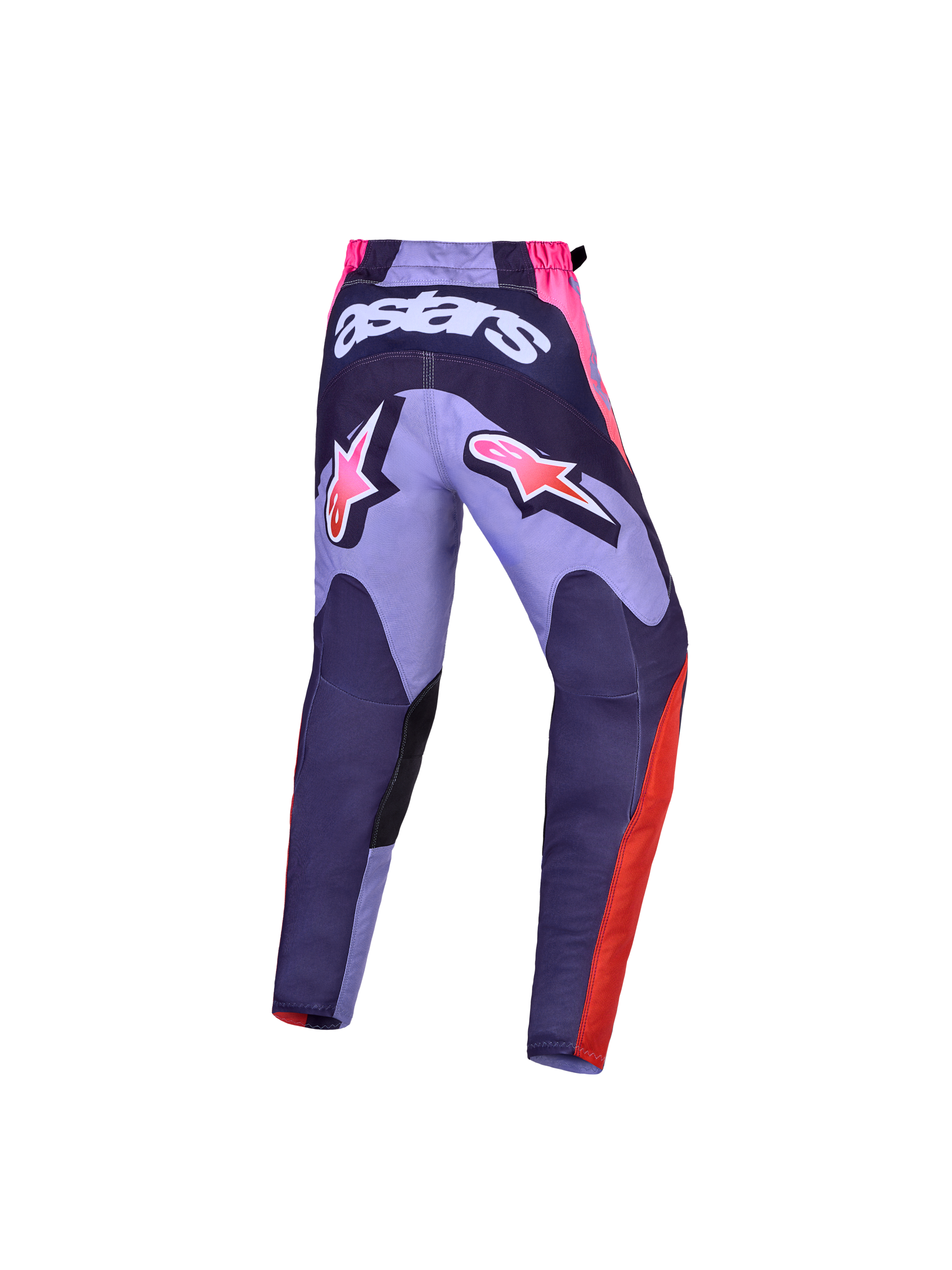 Alpinestars Jeugd Fluid Hunt broek 2027, paarse en roze motocrossbroek met Astars-logo op de achterzijde en sport-fit.