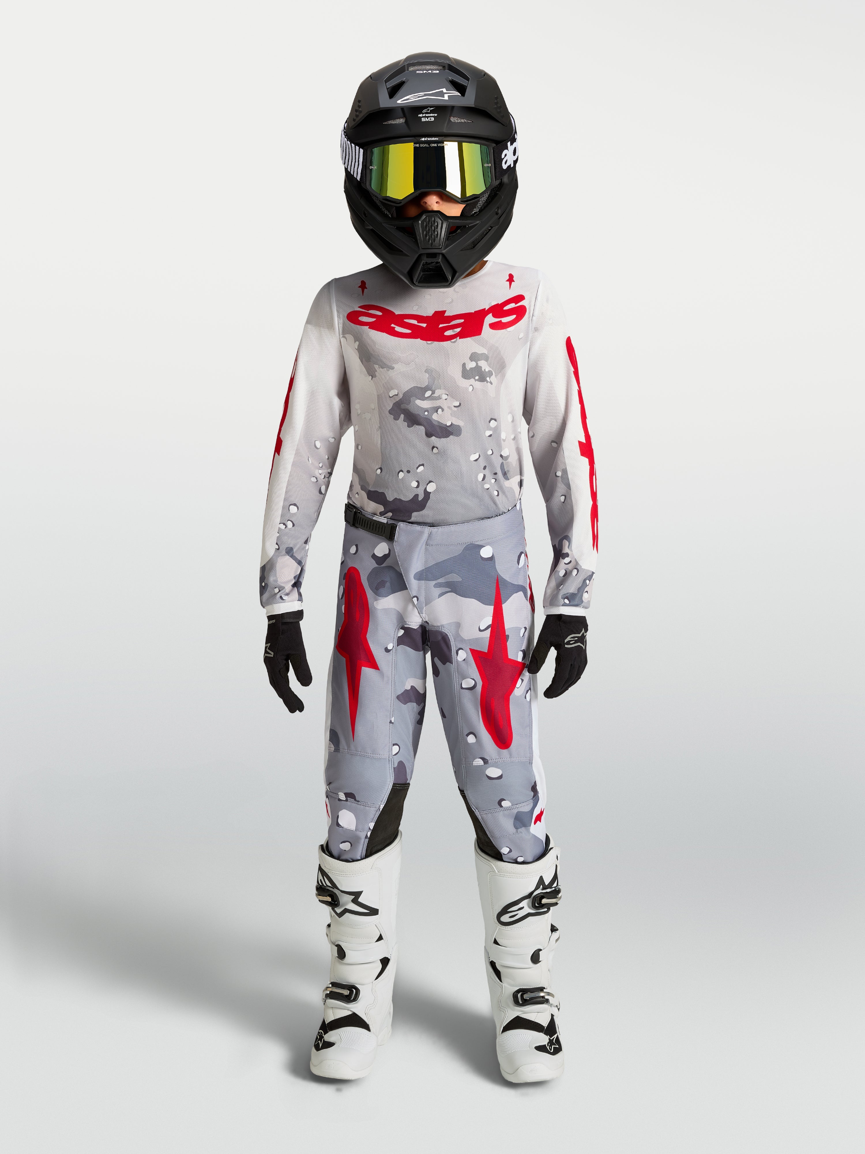 Alpinestars Jeugd Fluid Lone broek, motorcrossbroek, grijs camouflage en rood, duurzame textielconstructie.