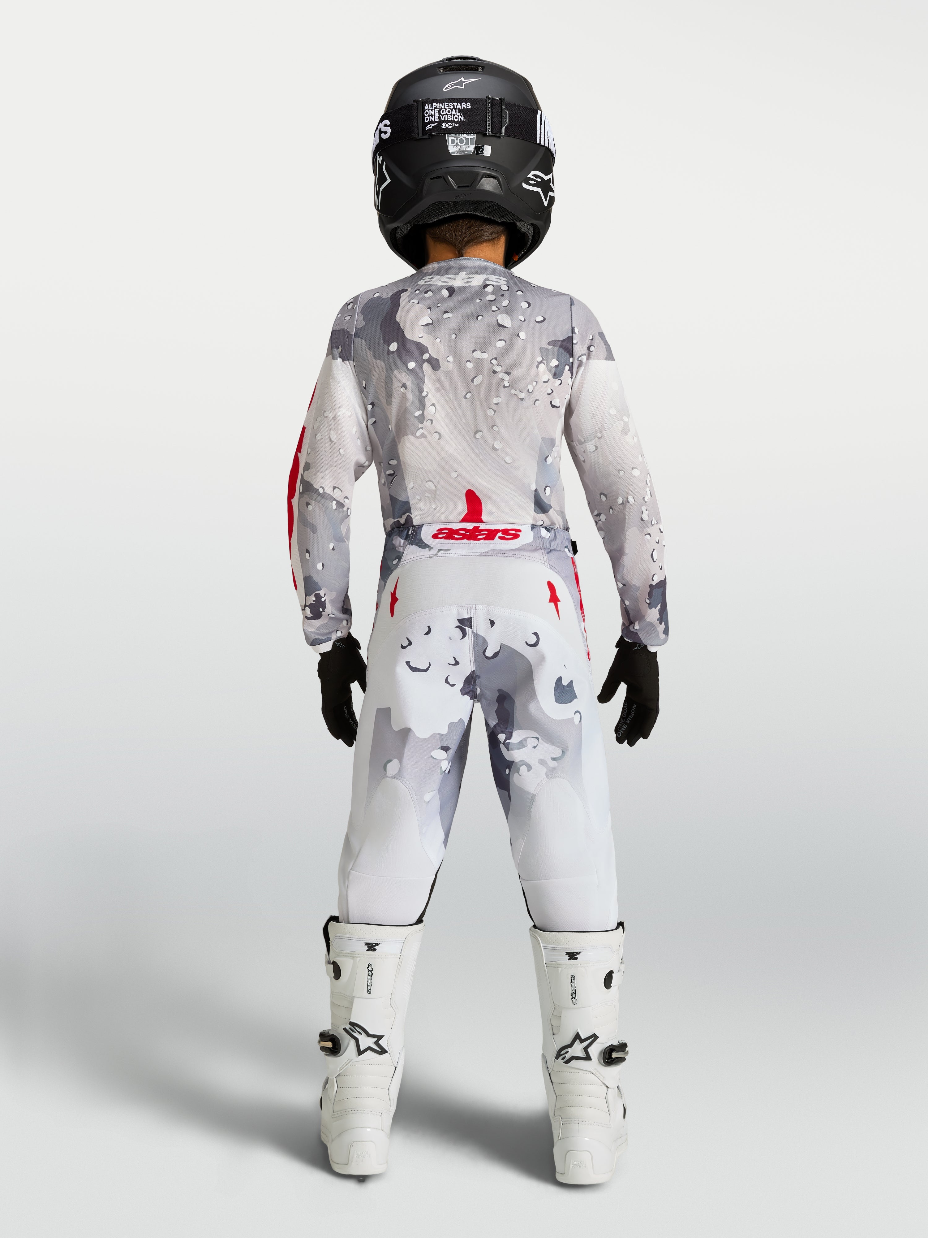 Alpinestars Jeugd Fluid Lone broek, motocrossbroek voor jonge rijders, grijs camo en wit, achteraanzicht.