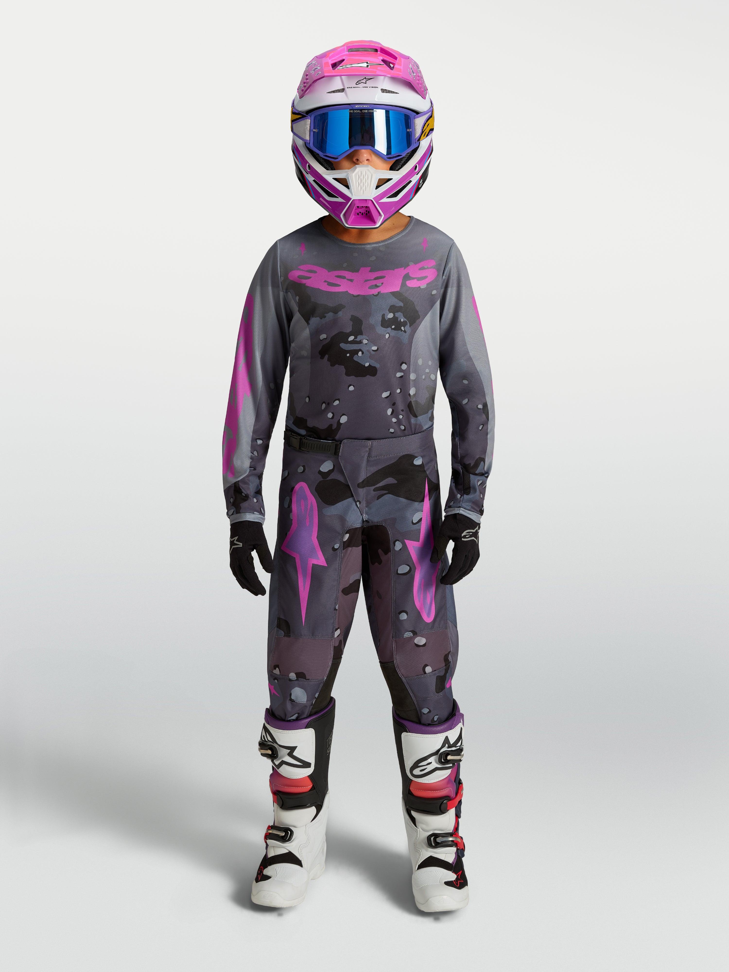 Alpinestars jeugd Fluid Lone jersey 2027 in grijs camo en paars, vochtafvoerende motocrossuitrusting voor jonge rijders.