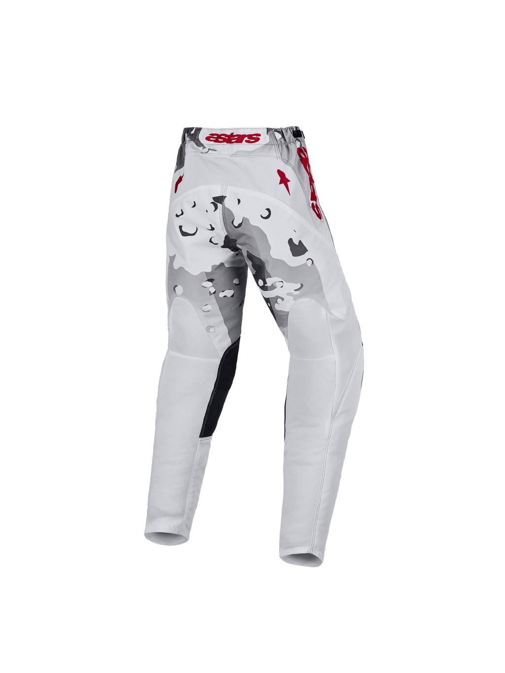 Alpinestars Jeugd Fluid Lone broek 2027, motorcrossbroek in grijs camo en wit met rode accenten, achteraanzicht.