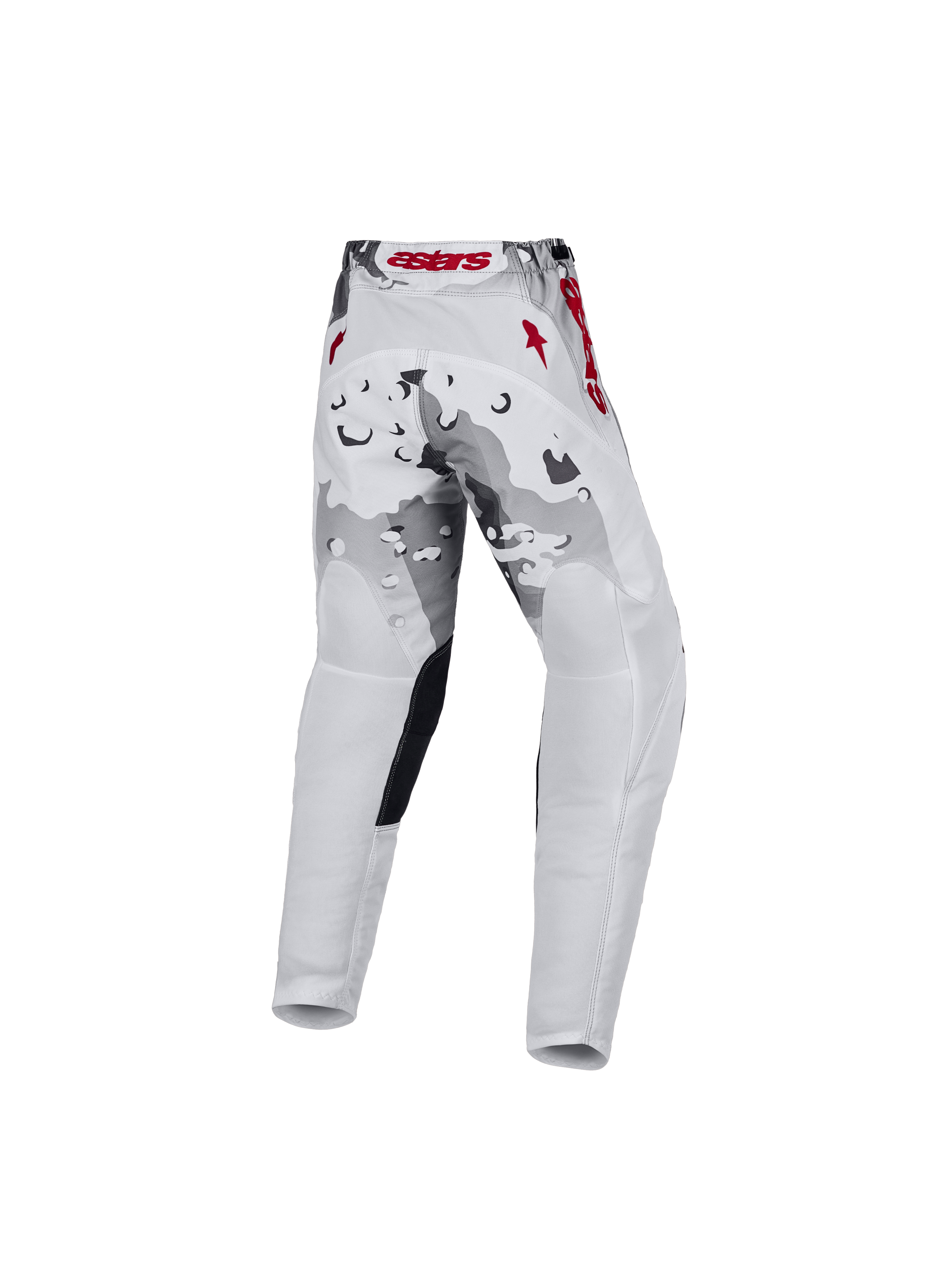 Alpinestars Jeugd Fluid Lone broek 2027, motorcrossbroek in grijs camo en wit met rode accenten, achteraanzicht.