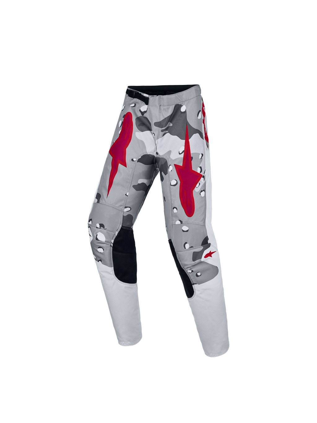 Alpinestars Jeugd Fluid Lone broek, motocrossbroek voor jeugd, grijze camouflage en rood, ergonomische pasvorm voor off-road rijden, duurzame 600D-polystof constructie.