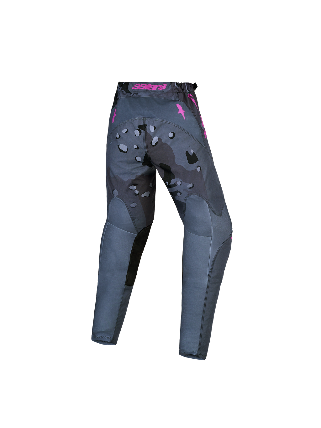 Alpinestars jeugd Fluid Lone motocrossbroek 2027, grijs camo en paars, duurzame 600D polystof, achteraanzicht.