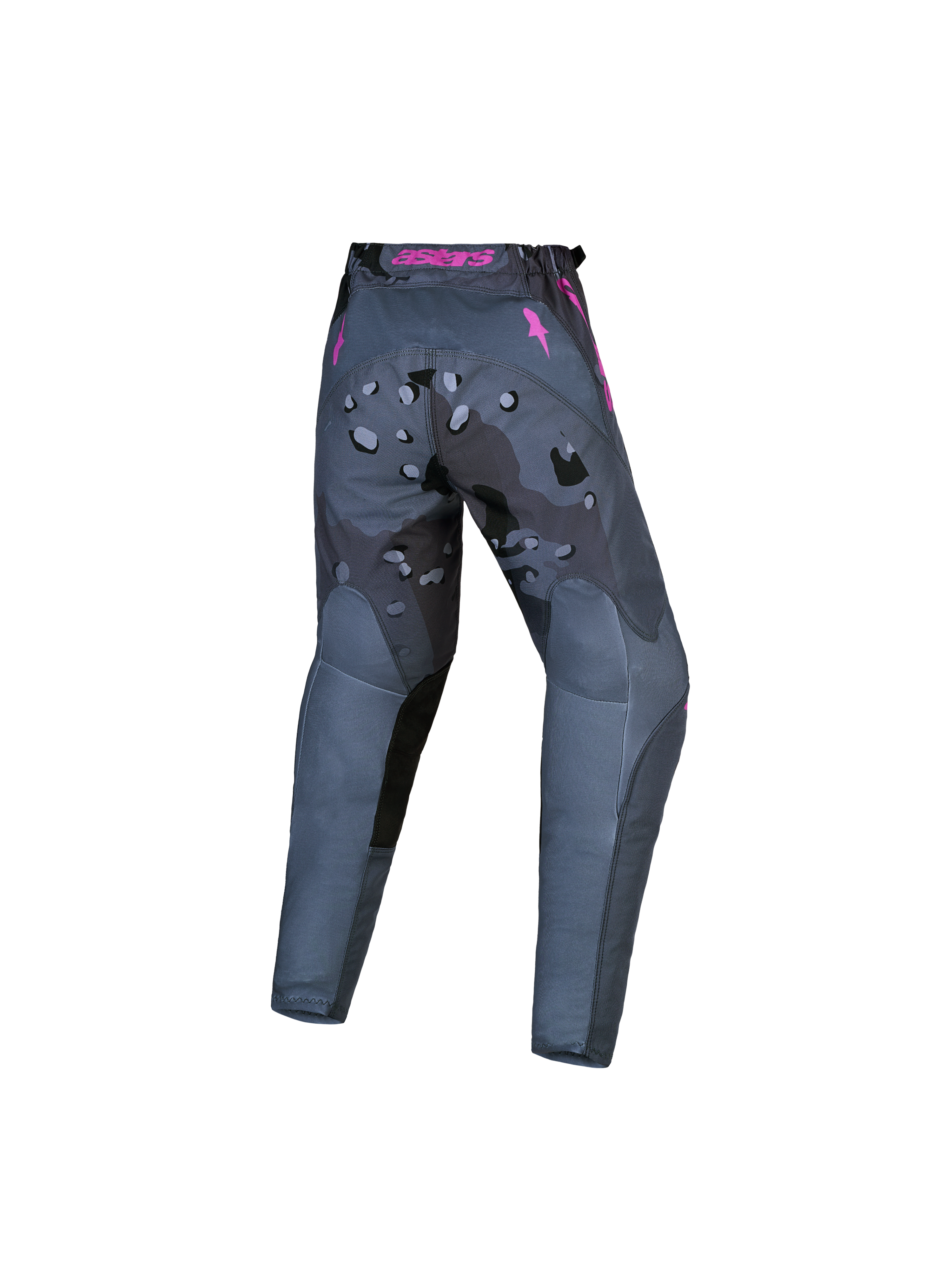 Alpinestars jeugd Fluid Lone motocrossbroek 2027, grijs camo en paars, duurzame 600D polystof, achteraanzicht.