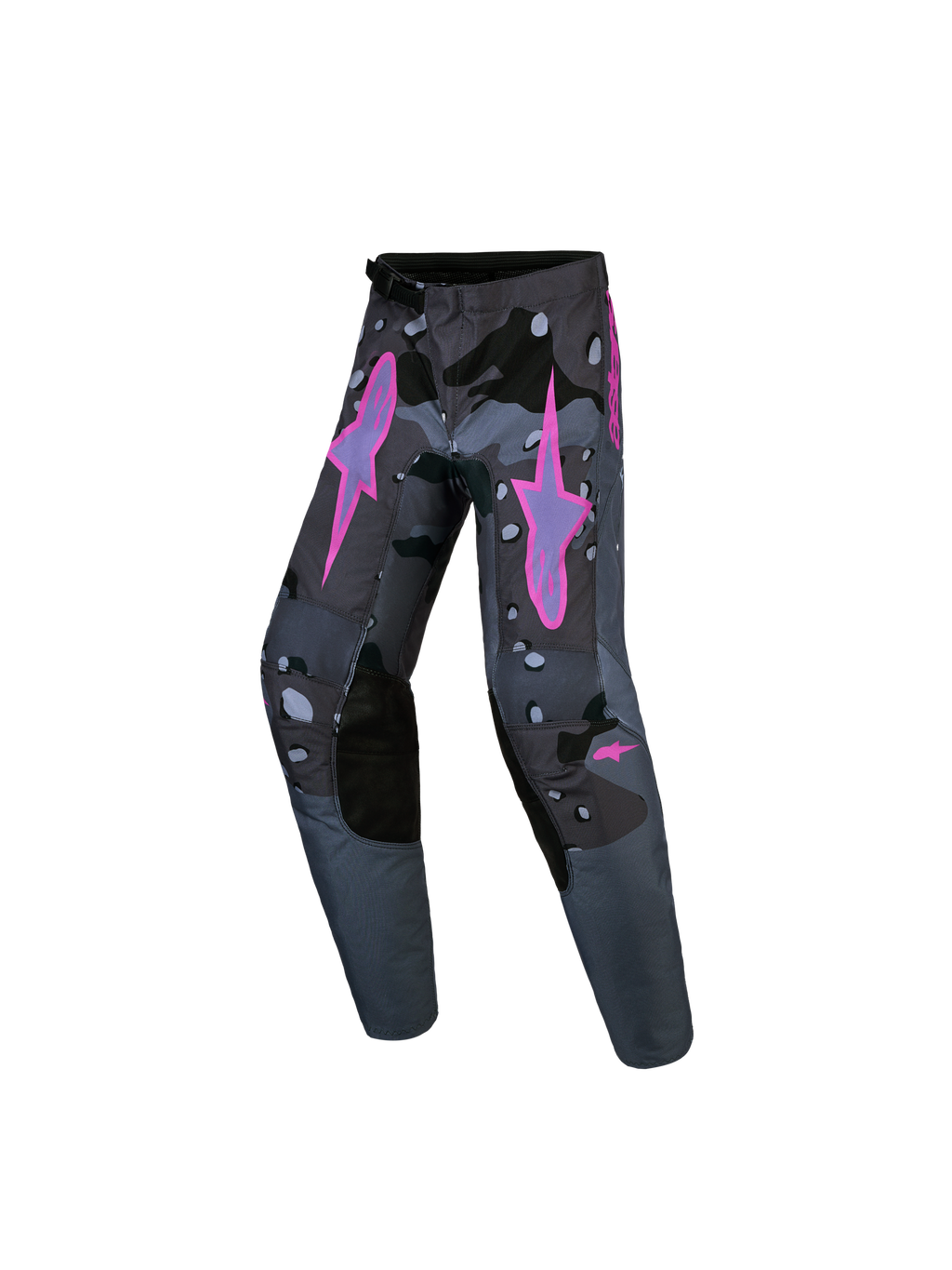 Alpinestars Jeugd Fluid Lone Broek, grijze camo en paarse motocrossbroek van duurzame polystof voor jonge rijders.