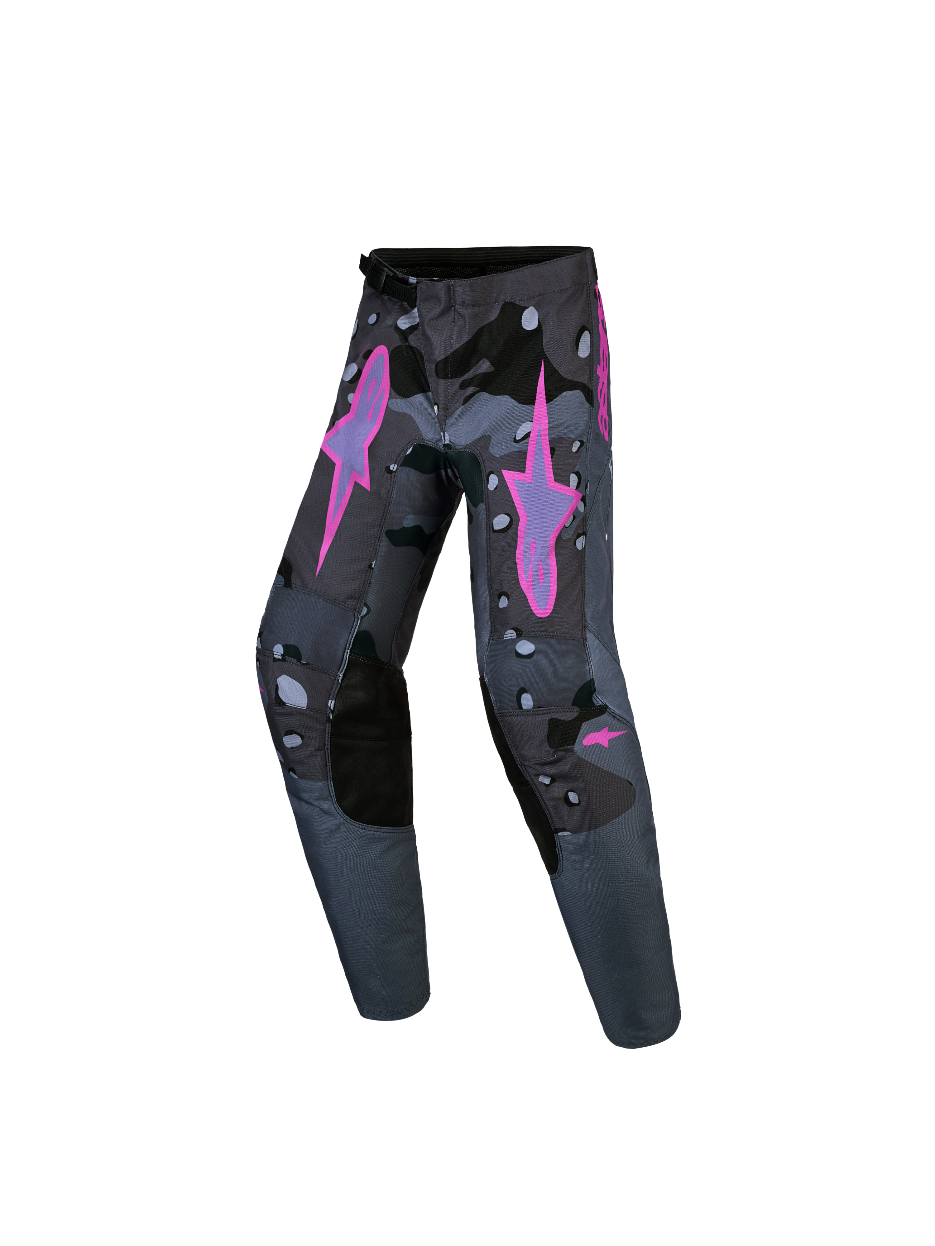 Alpinestars Jeugd Fluid Lone Broek, grijze camo en paarse motocrossbroek van duurzame polystof voor jonge rijders.