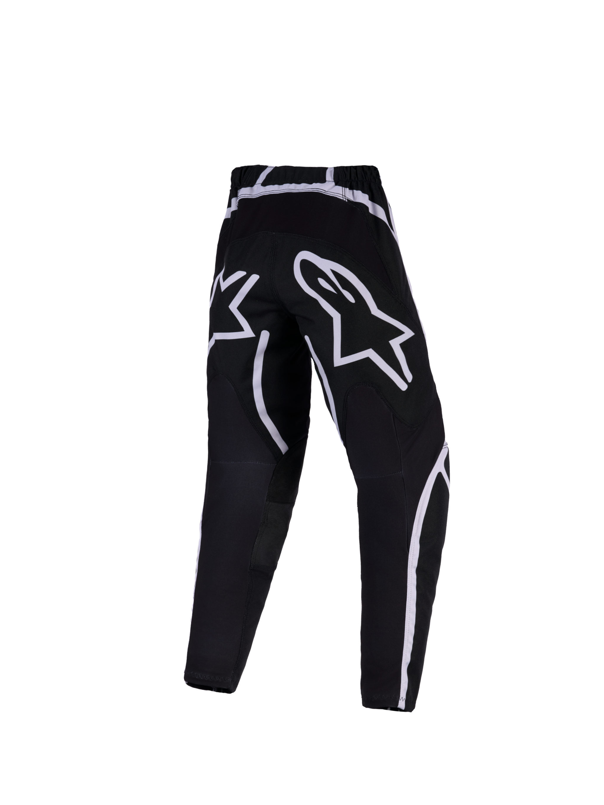 Alpinestars 2026 Youth Fluid Apex Pants, Motocross Pants, Black and White, rear view featuring large white star logos on the seat and curved graphic accents, technical off-road riding gear for youth