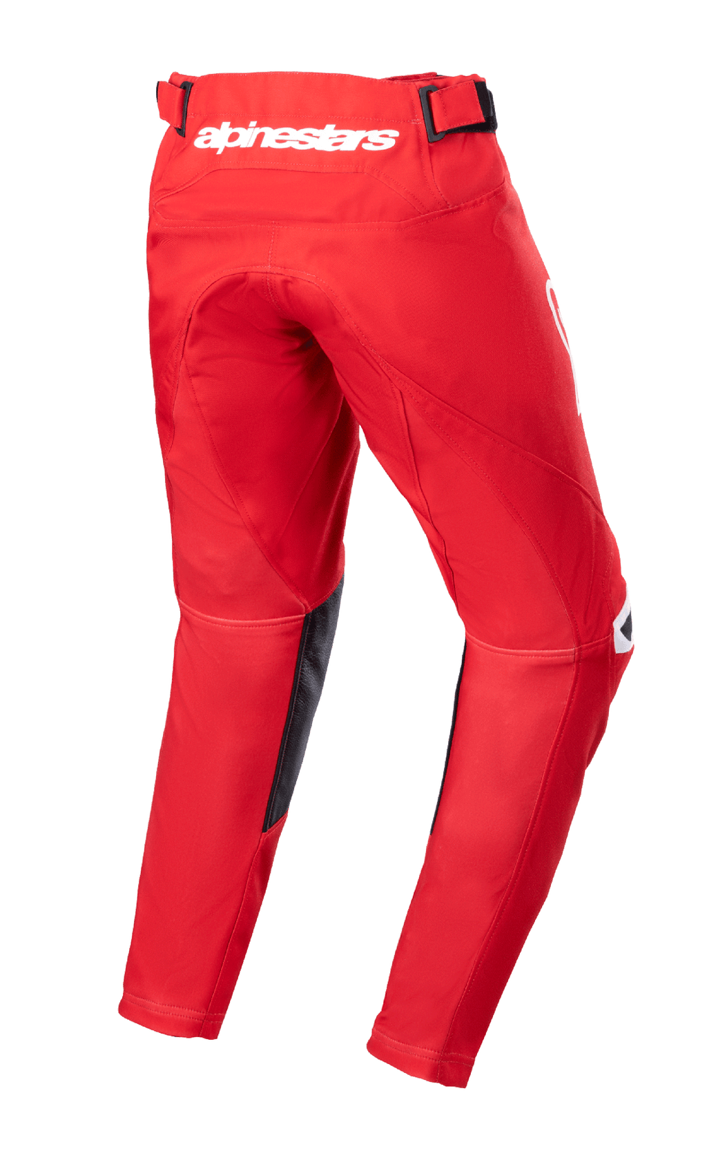 Alpinestars Youth 2023 Racer Narin broek, motorcrossbroek, Mars Red en wit, achteraanzicht met wit Alpinestars-logo op de taille, zwarte leren binnenbeenpanelen, voorgevormd ergonomisch ontwerp voor off-road rijden