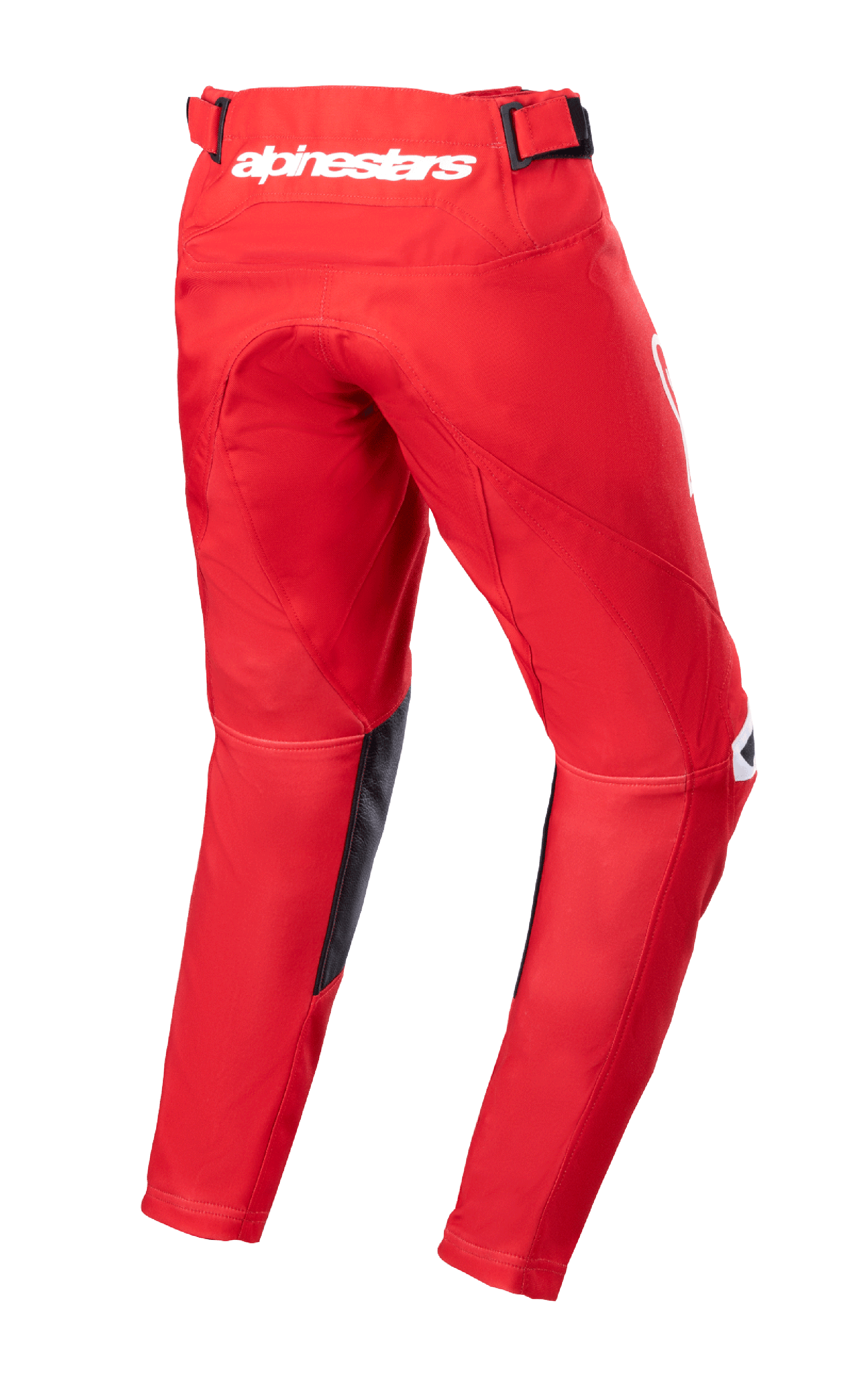 Alpinestars Youth 2023 Racer Narin broek, motorcrossbroek, Mars Red en wit, achteraanzicht met wit Alpinestars-logo op de taille, zwarte leren binnenbeenpanelen, voorgevormd ergonomisch ontwerp voor off-road rijden