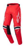 Alpinestars 2023 Youth Racer Narin broek, motorcrossbroek, Mars Red en wit, met witte sterlogo's op de dijbenen, zwarte knieverstevigingspanelen met witte strepen, verstelbare taillebanden, duurzaam off-road raceontwerp