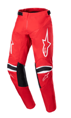 Alpinestars 2023 Youth Racer Narin broek, motorcrossbroek, Mars Red en wit, met witte sterlogo's op de dijbenen, zwarte knieverstevigingspanelen met witte strepen, verstelbare taillebanden, duurzaam off-road raceontwerp