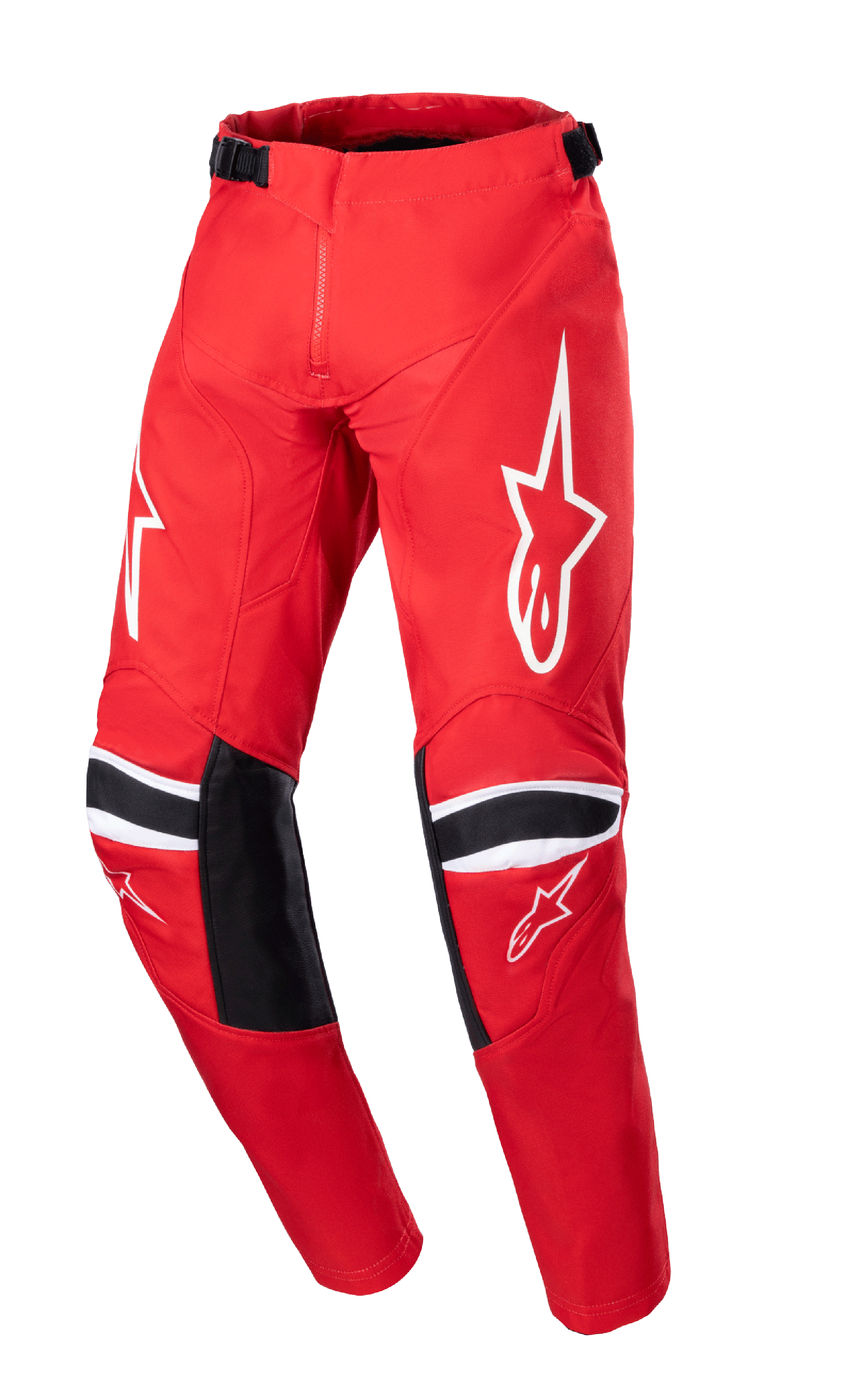 Alpinestars 2023 Youth Racer Narin broek, motorcrossbroek, Mars Red en wit, met witte sterlogo's op de dijbenen, zwarte knieverstevigingspanelen met witte strepen, verstelbare taillebanden, duurzaam off-road raceontwerp