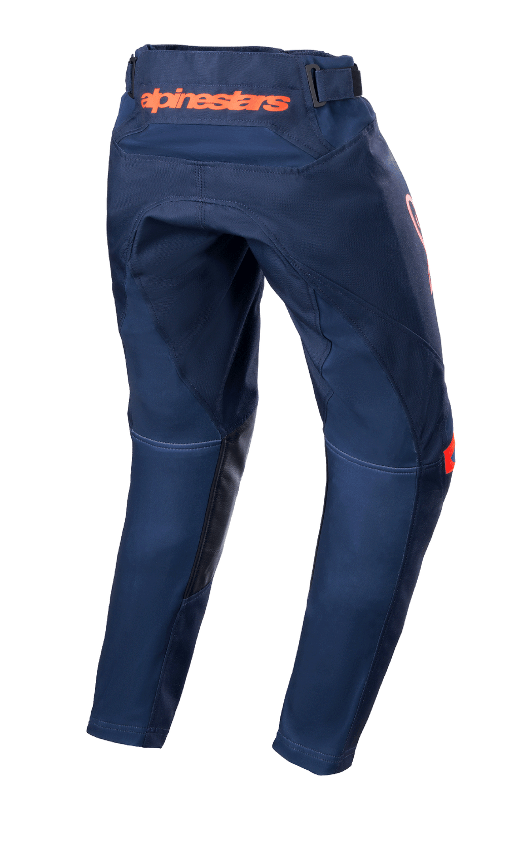 Alpinestars Youth 2023 Racer Narin Pants, jeugd motorcrossbroek, Night Navy en Hot Orange, achteraanzicht met oranje Alpinestars-branding op de taille en zwarte lederen binnenbeenverstevigingen, duurzaam textielontwerp voor off-road rijden