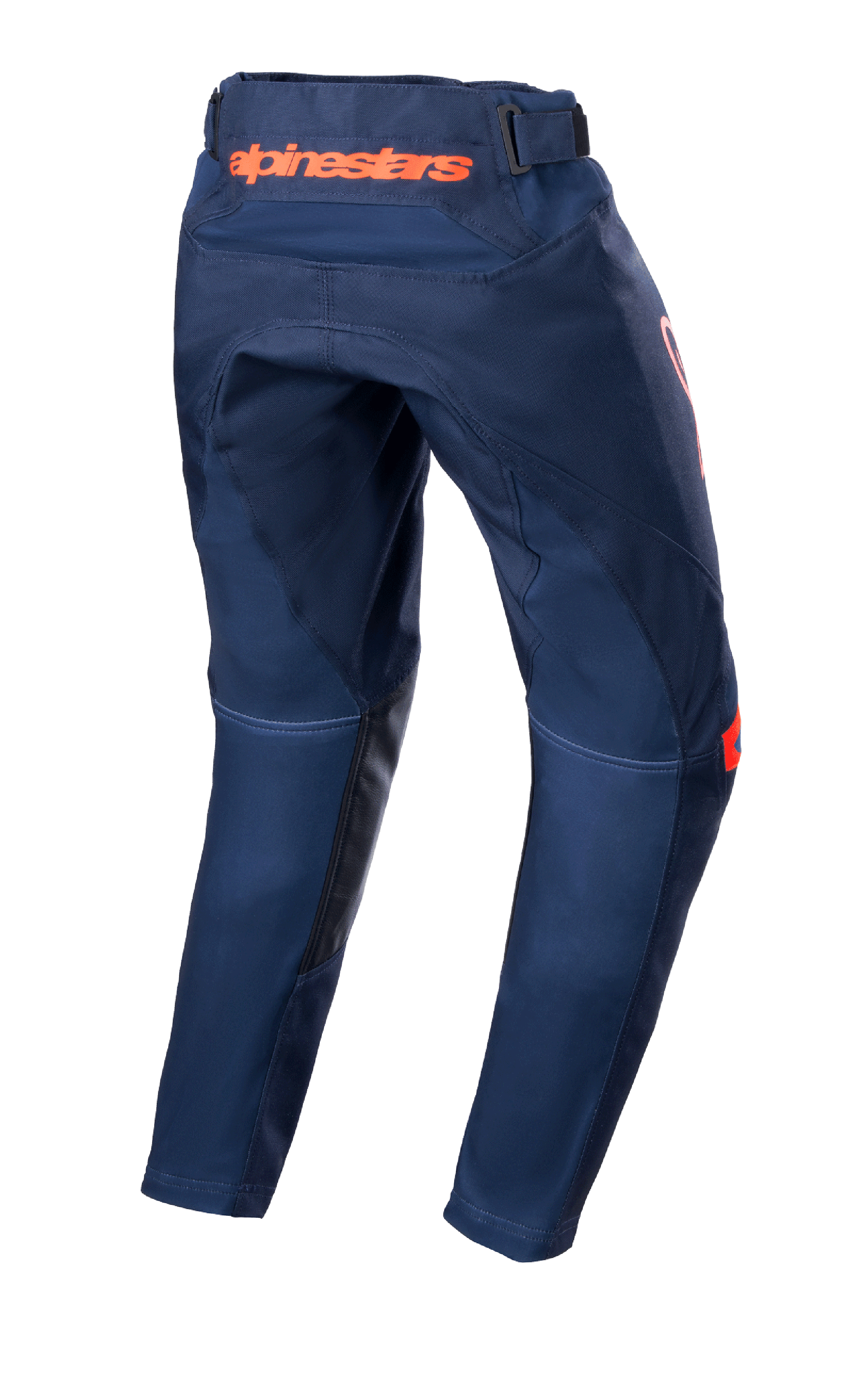 Alpinestars Youth 2023 Racer Narin Pants, jeugd motorcrossbroek, Night Navy en Hot Orange, achteraanzicht met oranje Alpinestars-branding op de taille en zwarte lederen binnenbeenverstevigingen, duurzaam textielontwerp voor off-road rijden
