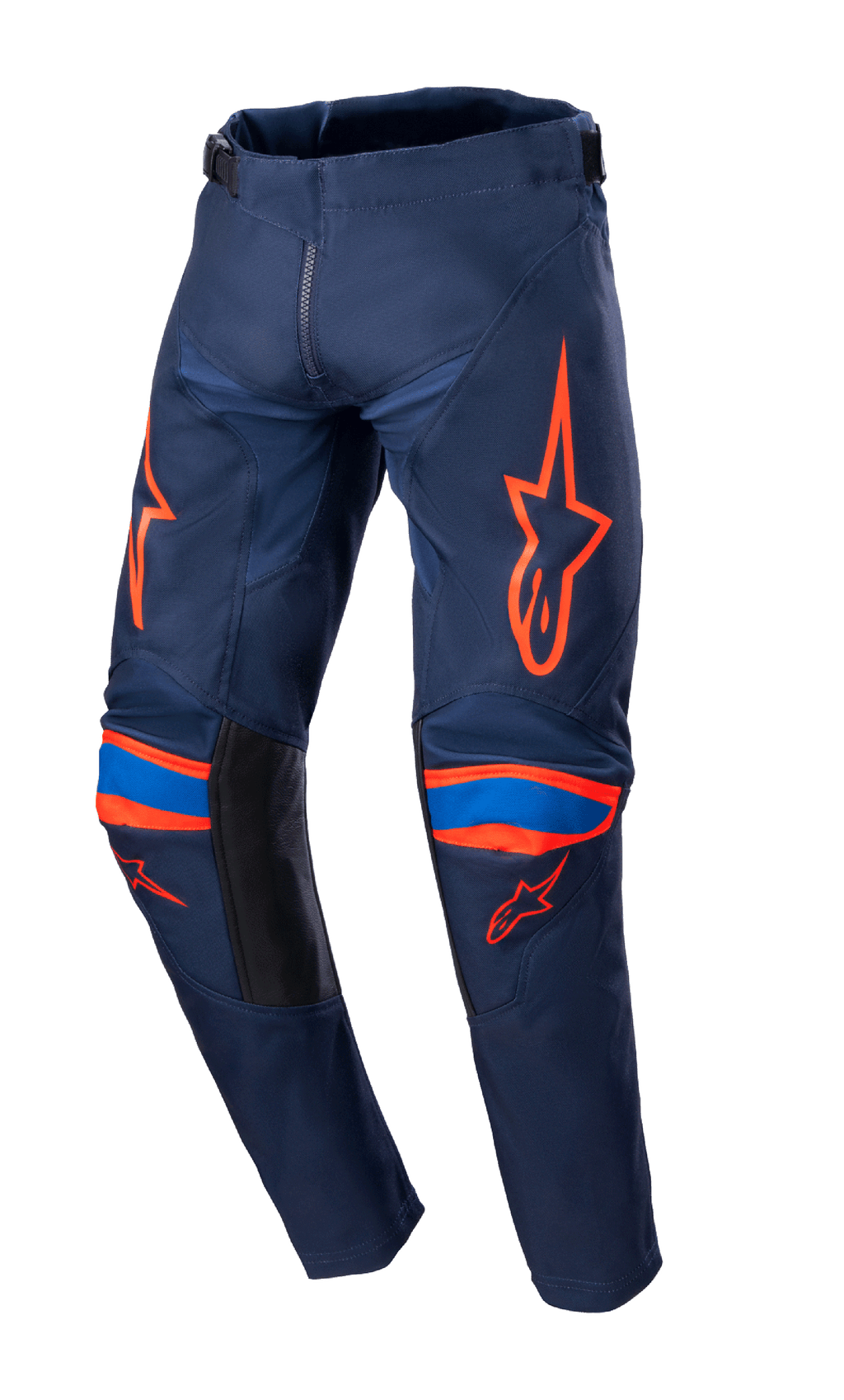 Alpinestars 2023 Youth Racer Narin broek, motorcrossbroek, donkerblauw en feloranje, met feloranje logo-graphics op de dijen en knieën, blauwe accenten, zwarte binnenbeenpanelen, duurzame textielconstructie voor off-road racen