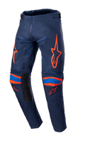 Alpinestars 2023 Youth Racer Narin broek, motorcrossbroek, donkerblauw en feloranje, met feloranje logo-graphics op de dijen en knieën, blauwe accenten, zwarte binnenbeenpanelen, duurzame textielconstructie voor off-road racen