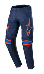 Alpinestars 2023 Youth Racer Narin broek, motorcrossbroek, donkerblauw en feloranje, met feloranje logo-graphics op de dijen en knieën, blauwe accenten, zwarte binnenbeenpanelen, duurzame textielconstructie voor off-road racen