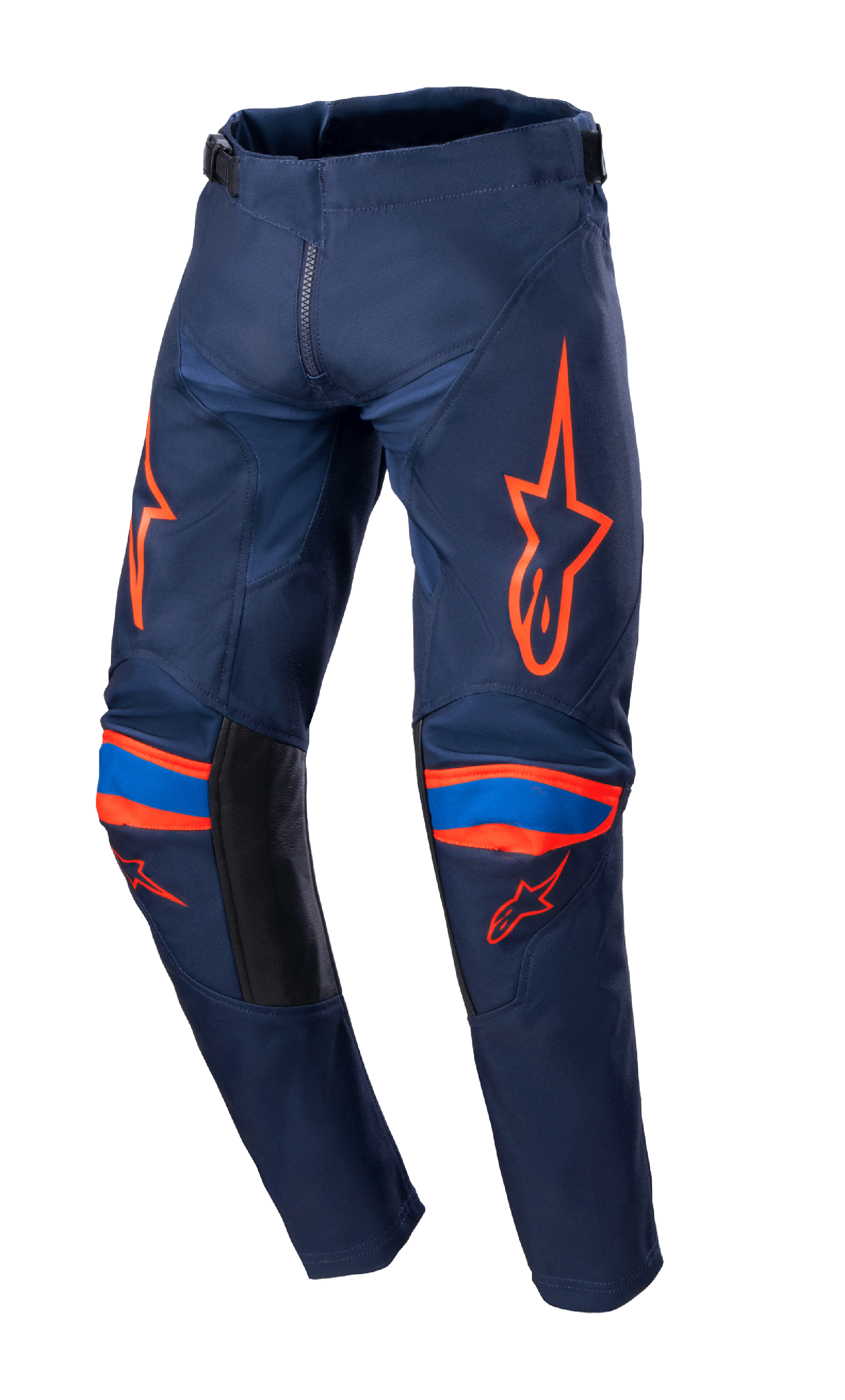 Alpinestars 2023 Youth Racer Narin broek, motorcrossbroek, donkerblauw en feloranje, met feloranje logo-graphics op de dijen en knieën, blauwe accenten, zwarte binnenbeenpanelen, duurzame textielconstructie voor off-road racen