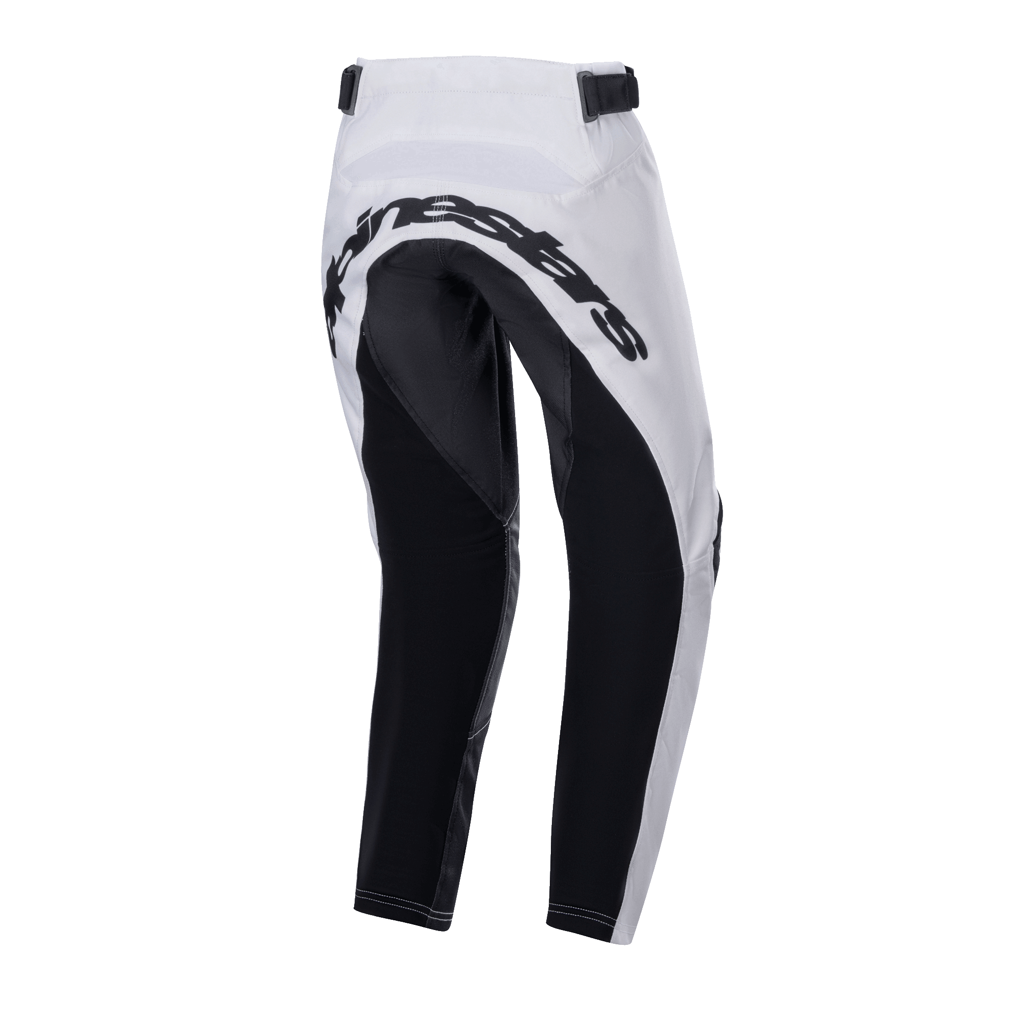 Alpinestars 2024 Youth Racer Lucent broek, motorcrossbroek, wit en zwart, achteraanzicht met grote zwarte verstevigde panelen op het zitvlak en de binnenzijde van de benen, Alpinestars-woordmerk op de achterkant en verstelbare taillebanden voor off-road rijden.