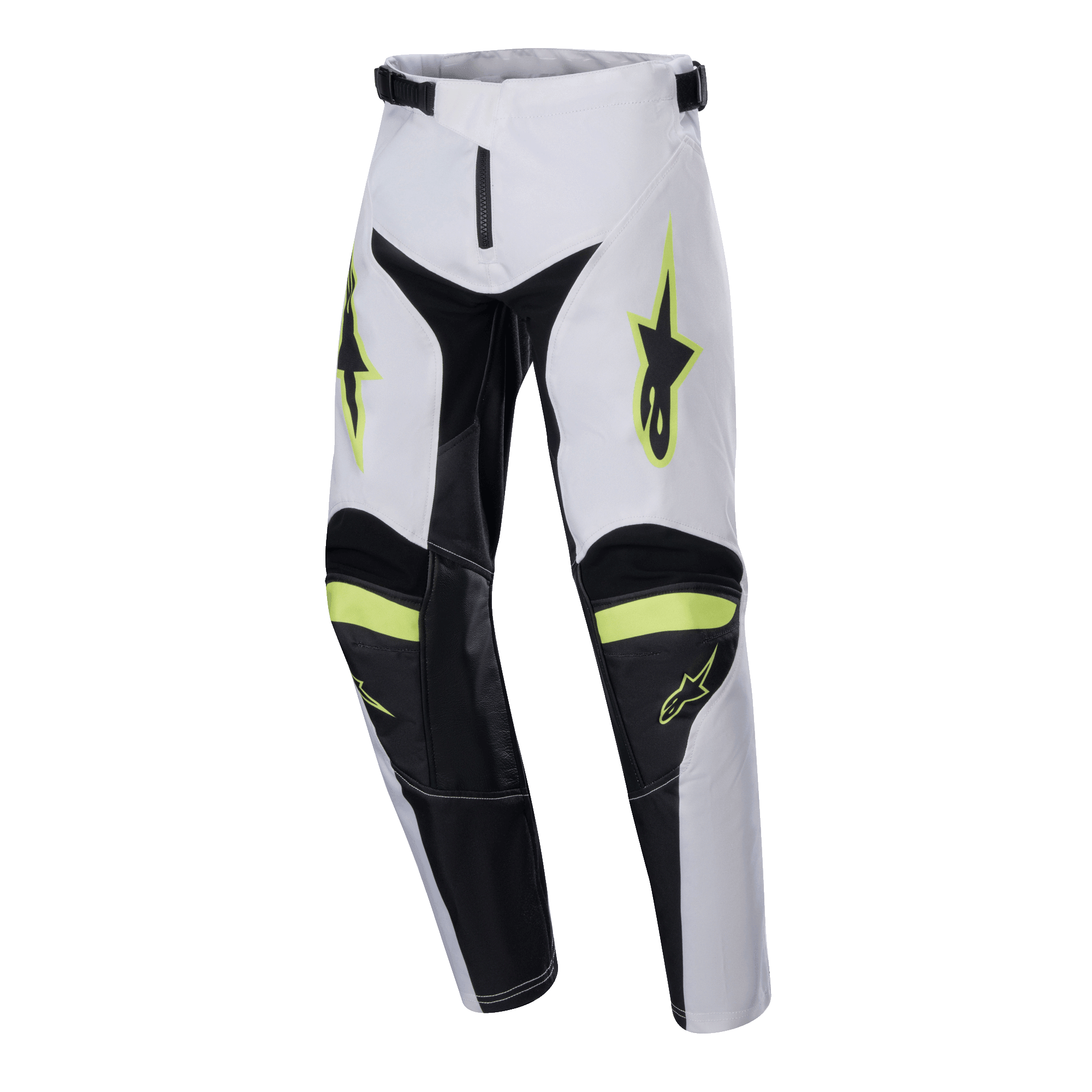 Alpinestars Youth 2024 Racer Lucent broek, motorcrossbroek, wit, zwart en fluogeel, sterlogo's op de dijen, zwarte panelen aan de binnenkant van de benen en knieën, sportief voorgevormd ontwerp voor motorcrossprestaties
