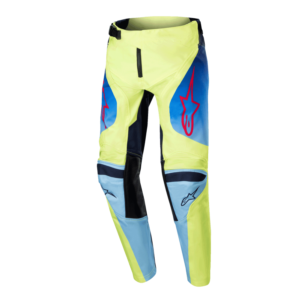 Alpinestars 2024 Youth Racer Hoen Pants, motorcrossbroek voor de jeugd, fluorgeel en donkerblauw, met rode Alpinestars sterlogo's, donkerblauwe panelen en zwarte versterkte knieën, sportief ontwerp voor off-road racing