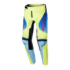 Alpinestars 2024 Youth Racer Hoen Pants, motorcrossbroek voor de jeugd, fluorgeel en donkerblauw, met rode Alpinestars sterlogo's, donkerblauwe panelen en zwarte versterkte knieën, sportief ontwerp voor off-road racing