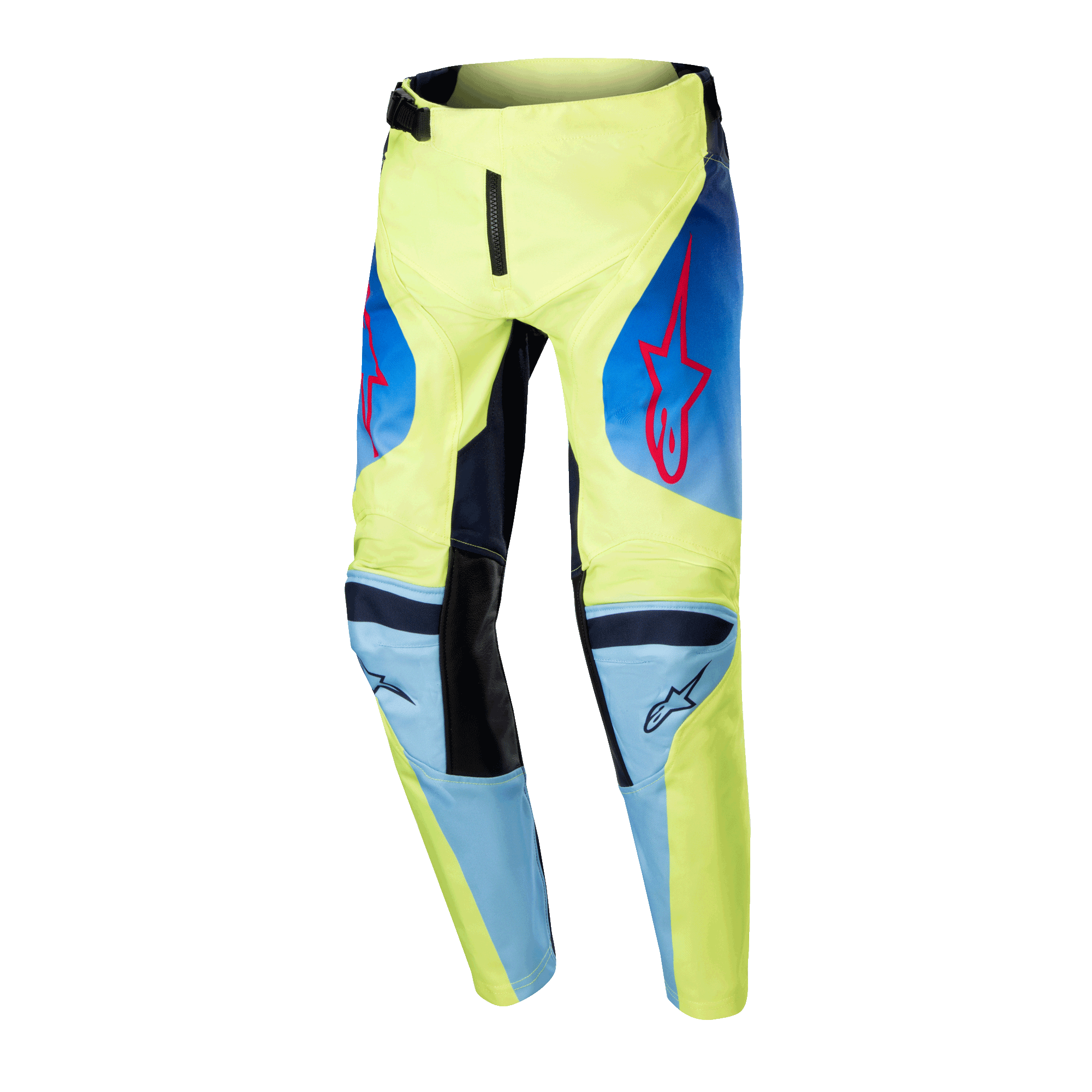Alpinestars 2024 Youth Racer Hoen Pants, motorcrossbroek voor de jeugd, fluorgeel en donkerblauw, met rode Alpinestars sterlogo's, donkerblauwe panelen en zwarte versterkte knieën, sportief ontwerp voor off-road racing