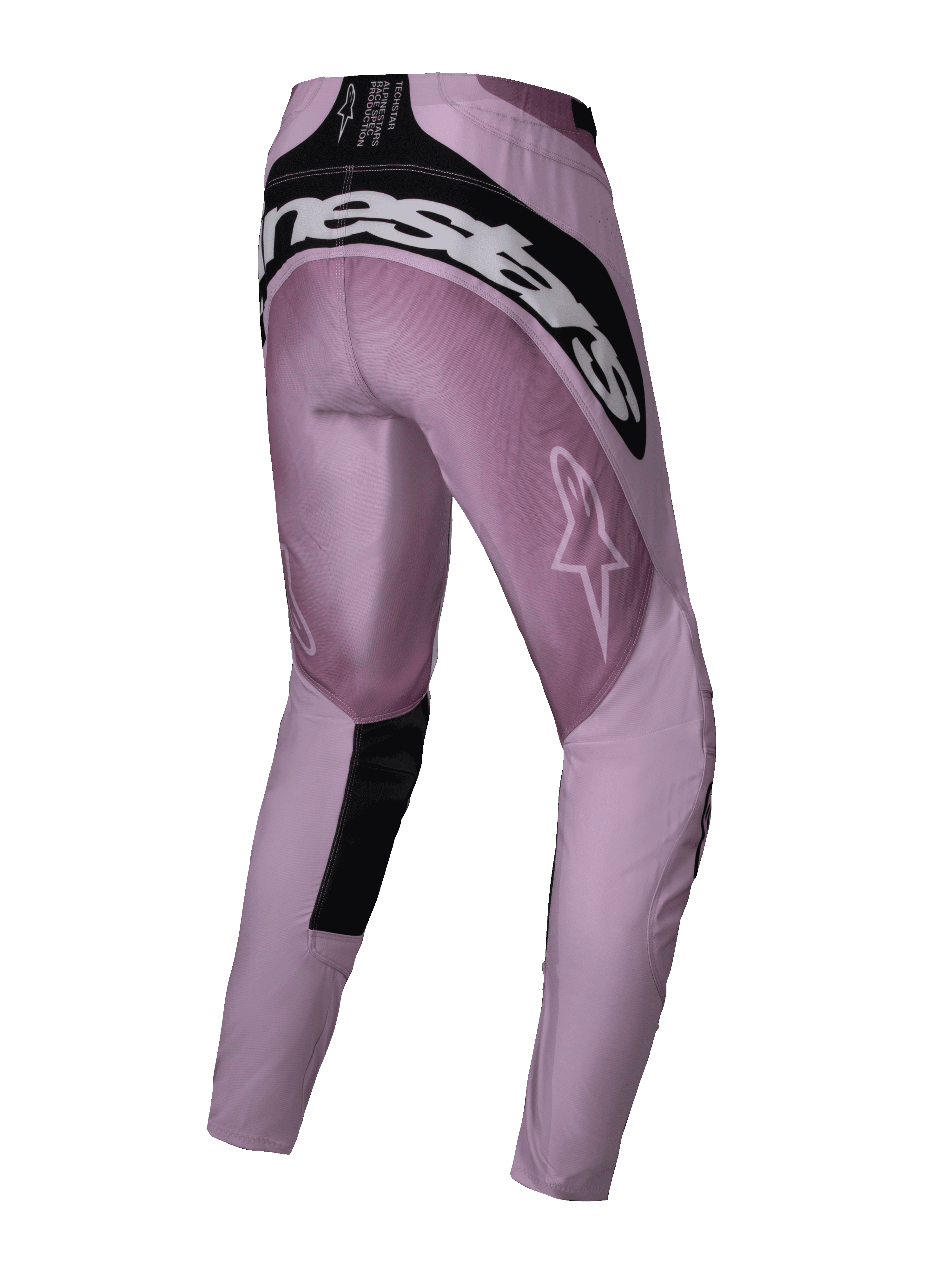Alpinestars 2025 Stella Techstar Melt dames crossbroek, motorcross broek, blush en zwart, driekwart achteraanzicht met witte Alpinestars-branding op het achterpand, roze ripstop-stof met zwarte accenten, ontworpen voor off-road racing