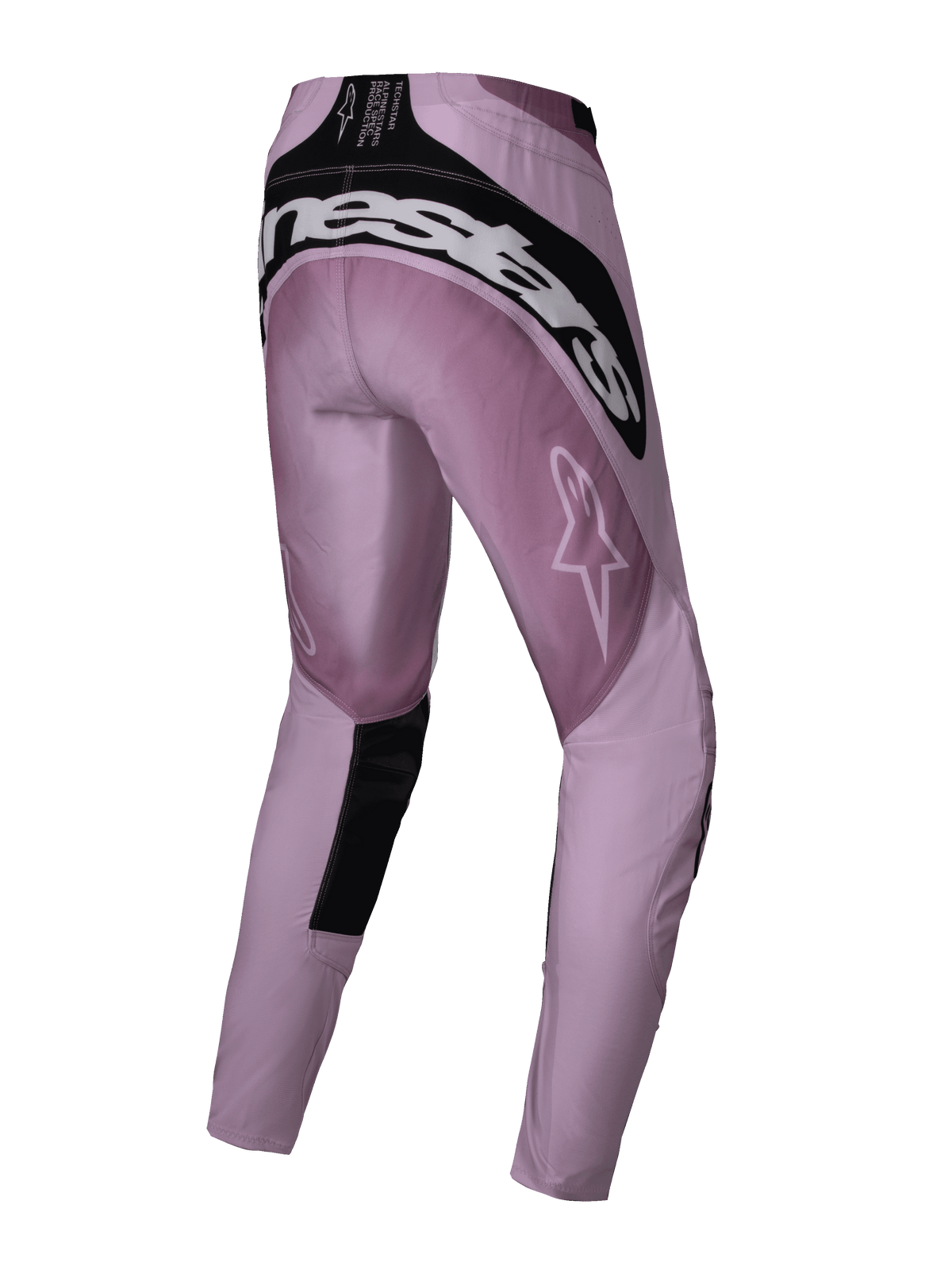 Alpinestars 2025 Stella Techstar Melt broek, dames motorcrossbroek, Blush Black, achteraanzicht met wit Alpinestars-logo over het zitvlak, zwarte versterkte panelen en een sterlogo op de dij, ontworpen voor off-road prestaties