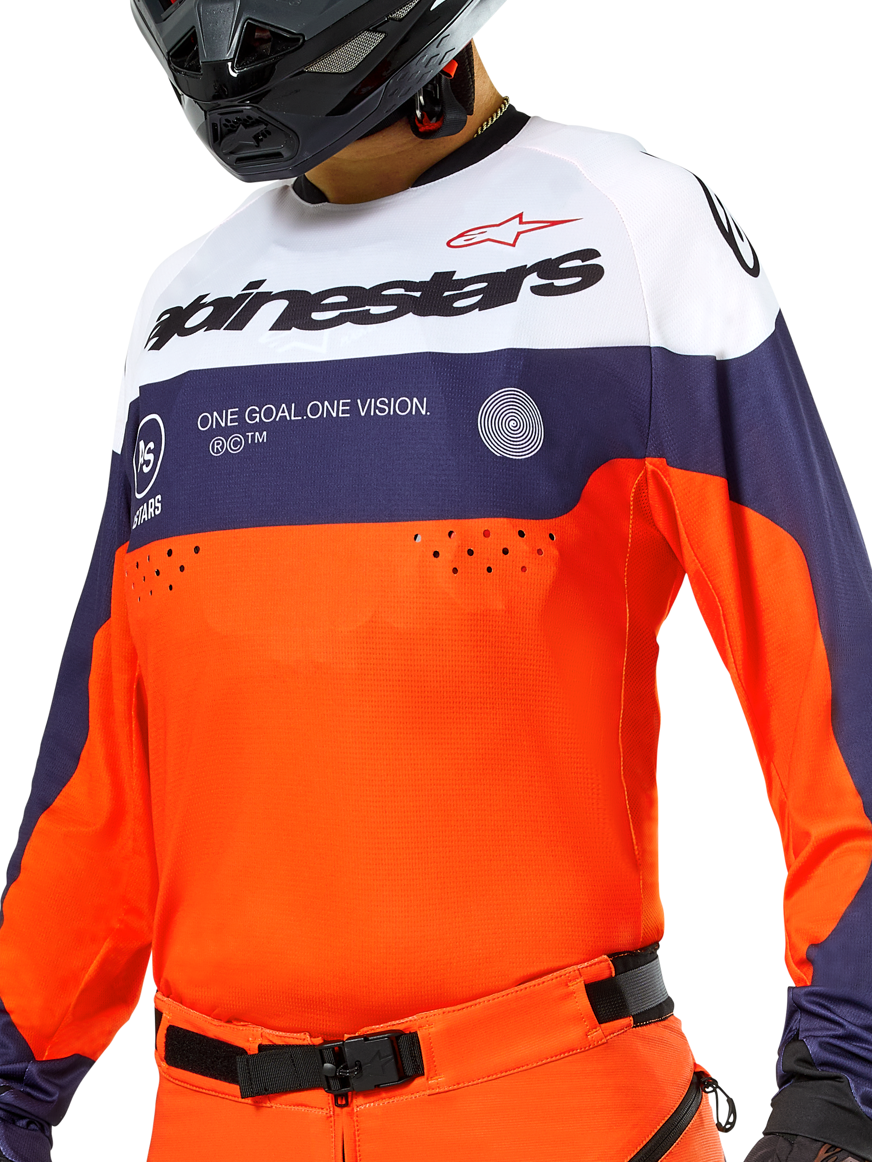 Alpinestars Pro-Dura Jersey, motorcross- en enduroshirt, Navy, Hot Orange en wit, lichtgewicht textiel met ademende constructie, lange mouwen met stretchmanchetten, sportief off-road ontwerp
