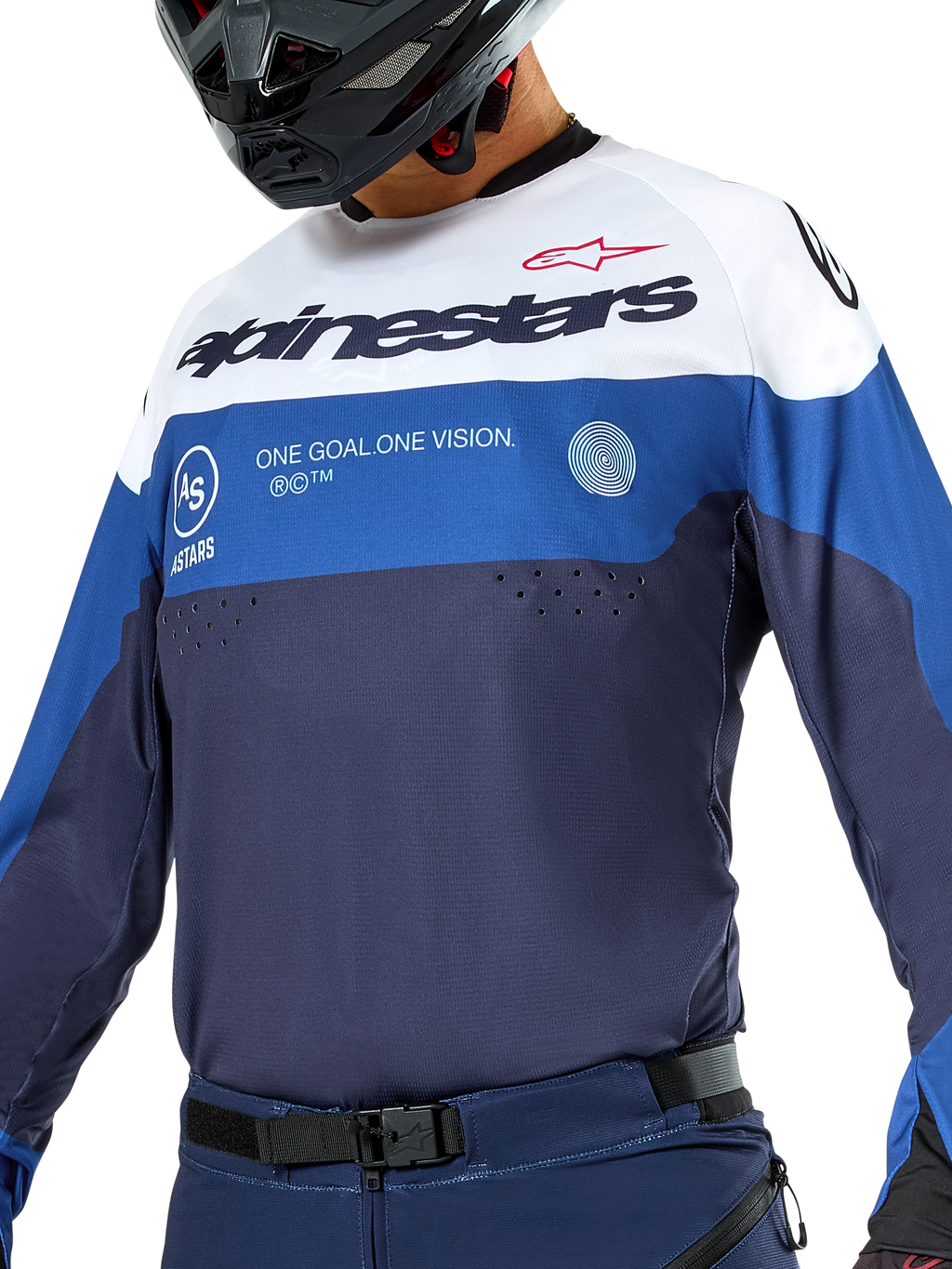 Alpinestars Pro-Dura Jersey, enduro- en motorcross-shirt, donkerblauw, helderblauw en wit, atletische pasvorm met opvallende branding, duurzame textielconstructie voor off-road prestaties