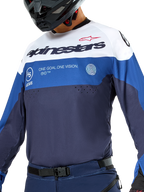 Alpinestars Pro-Dura Jersey, enduro- en motorcross-shirt, donkerblauw, helderblauw en wit, atletische pasvorm met opvallende branding, duurzame textielconstructie voor off-road prestaties