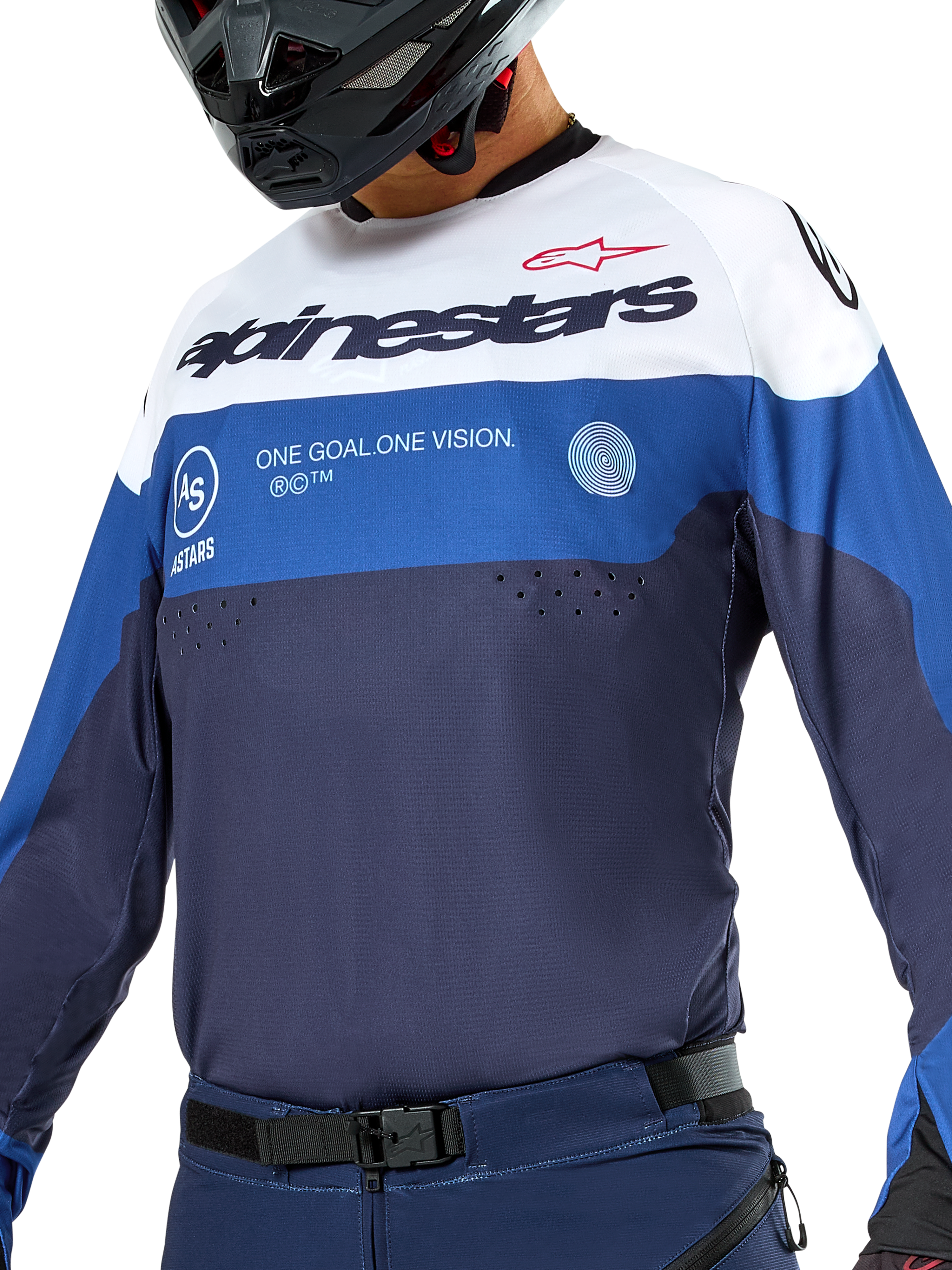 Alpinestars Pro-Dura Jersey, enduro- en motorcross-shirt, donkerblauw, helderblauw en wit, atletische pasvorm met opvallende branding, duurzame textielconstructie voor off-road prestaties