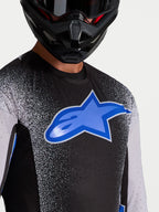 Alpinestars Supertech Hiten AFD Jersey, Men's Motocross Racing Jersey in Black and Blue featuring breathable laser-cut vents.