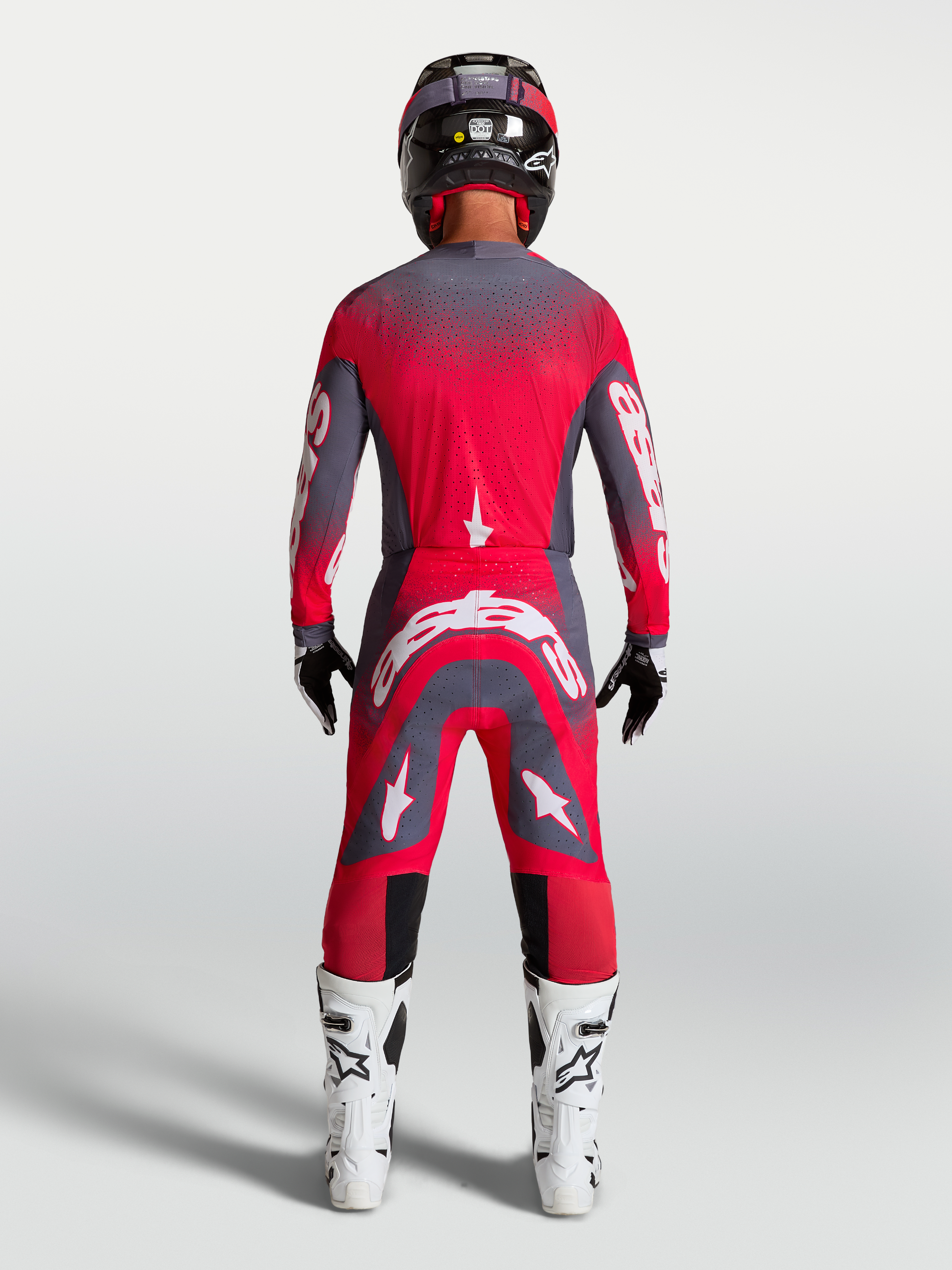 Alpinestars Supertech Hiten AFD Jersey, Red Fluo and Graystone, professional motocross racing gear, rear view on-model.