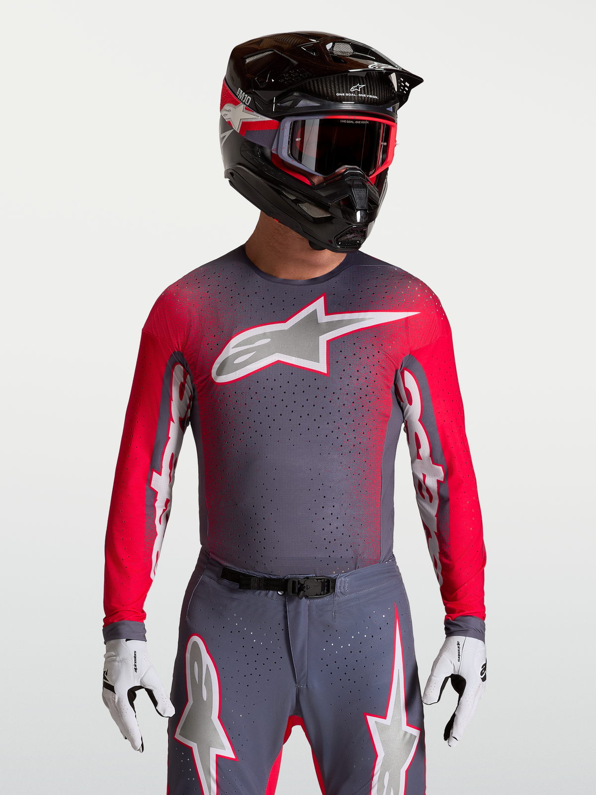 Alpinestars Supertech Hiten AFD Jersey, grijs en fluorood motorcrosshirt voor heren met geventileerd mesh, lasergesneden perforaties en een atletische racepasvorm.