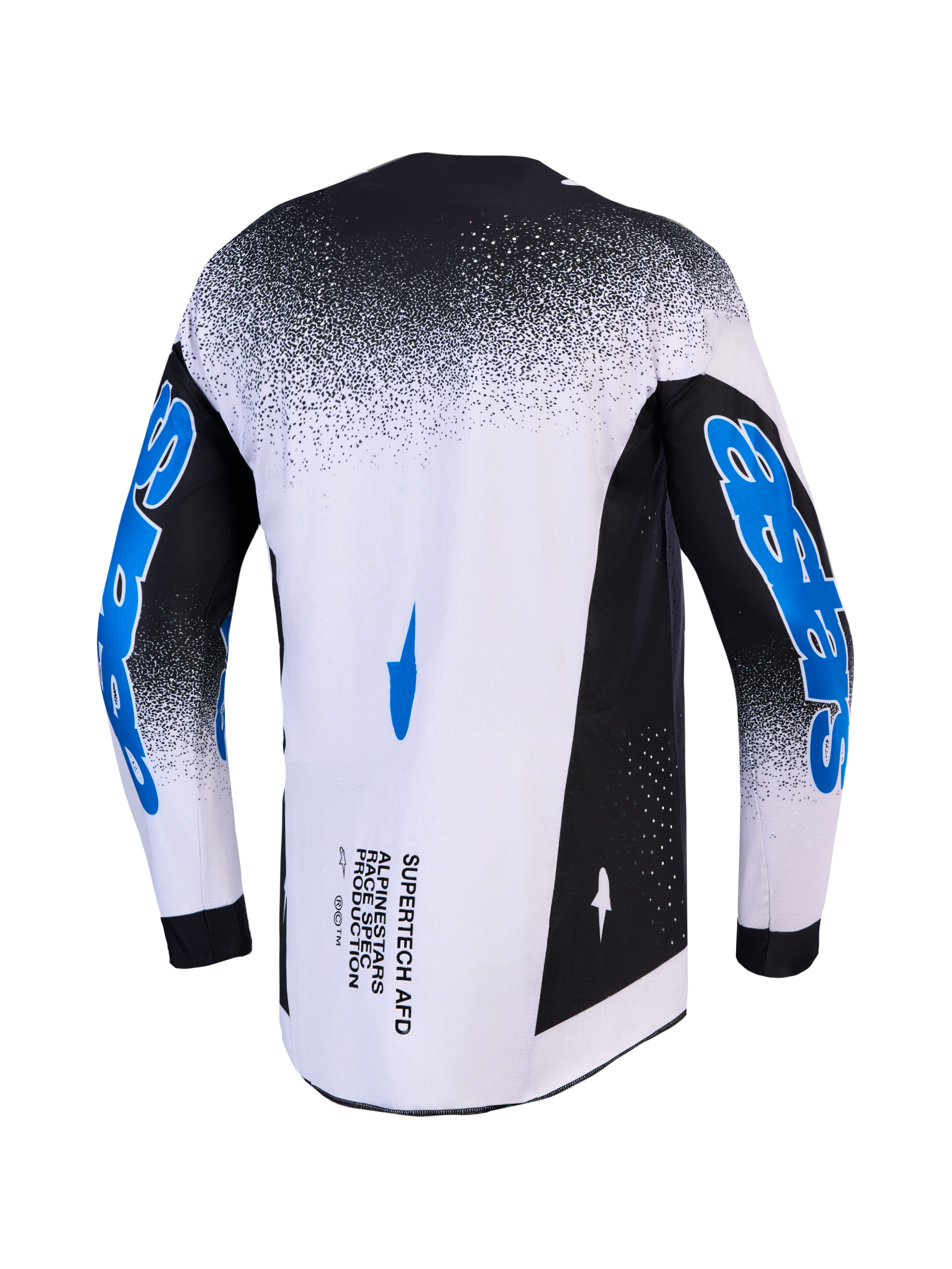 Alpinestars Supertech Hiten AFD Motocross Jersey, Men's racing fit, black and white with blue sleeve graphics, rear view.